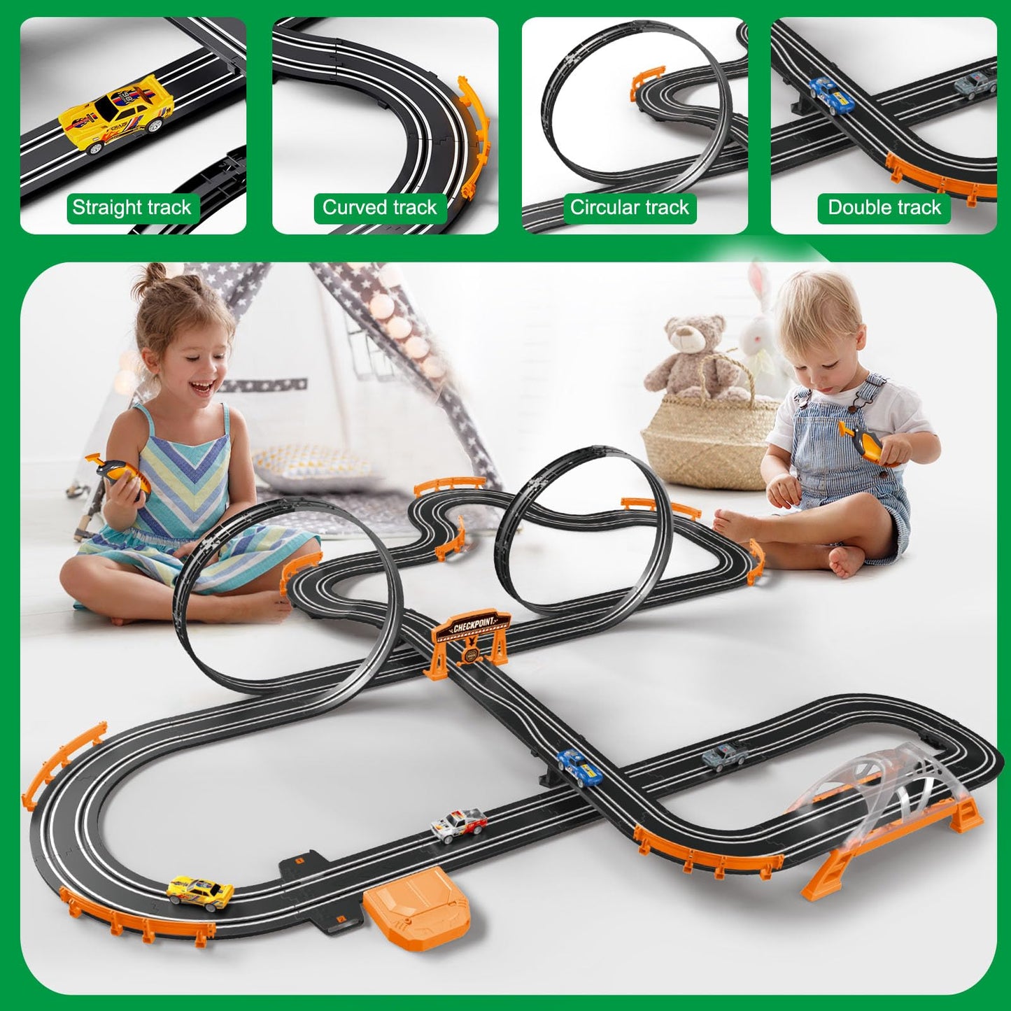 Dobindrich Slot Car Race Track for Kids – 4 Cars, Dual Racing, Flash Bridge & Pendulum