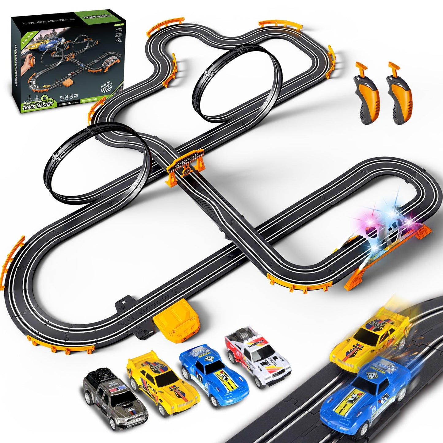 Dobindrich Slot Car Race Track for Kids – 4 Cars, Dual Racing, Flash Bridge & Pendulum