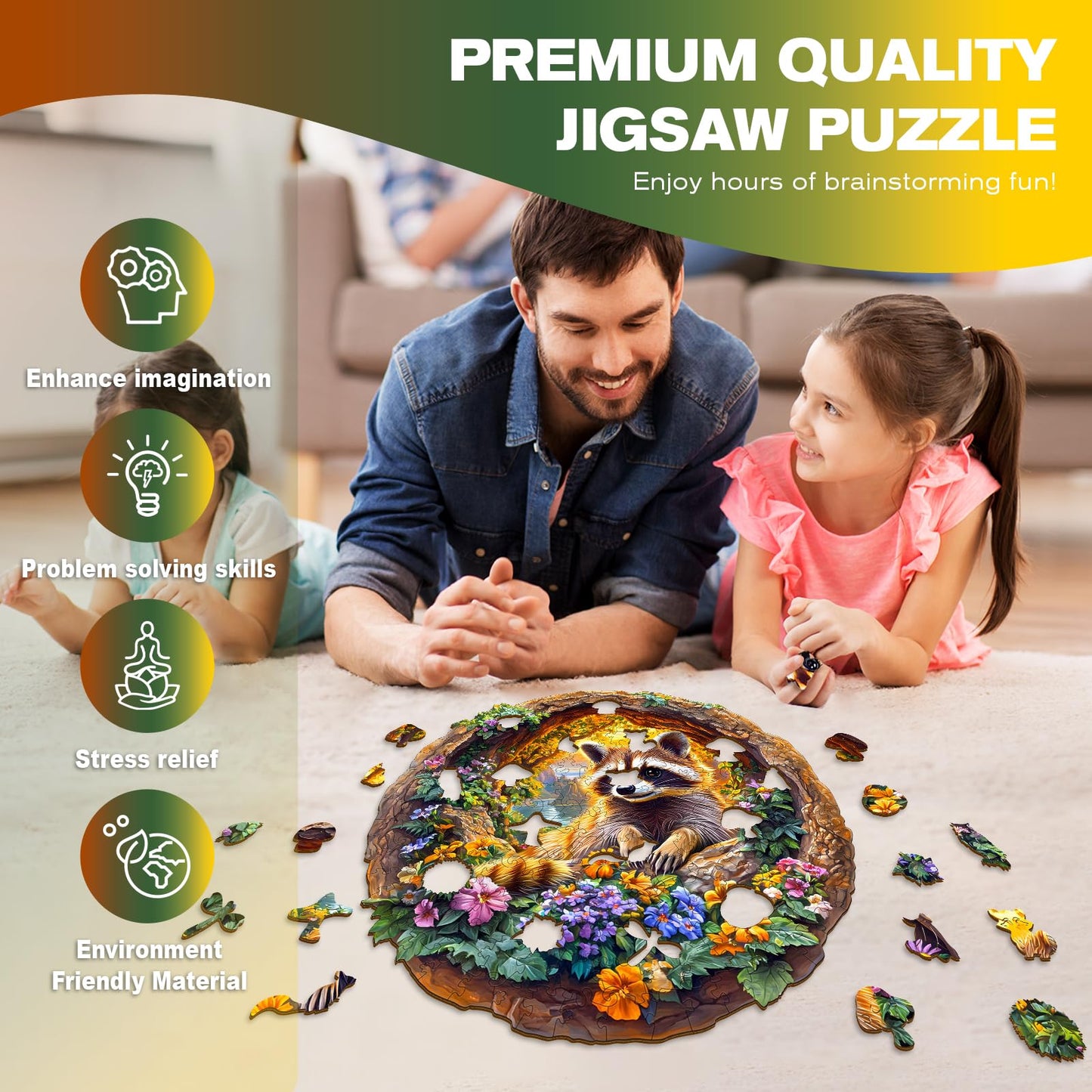 DOCRAGI Wooden Raccoon on Vacation Puzzle – 295-Piece Animal Jigsaw for Adults (13.4 x 13.3 in)