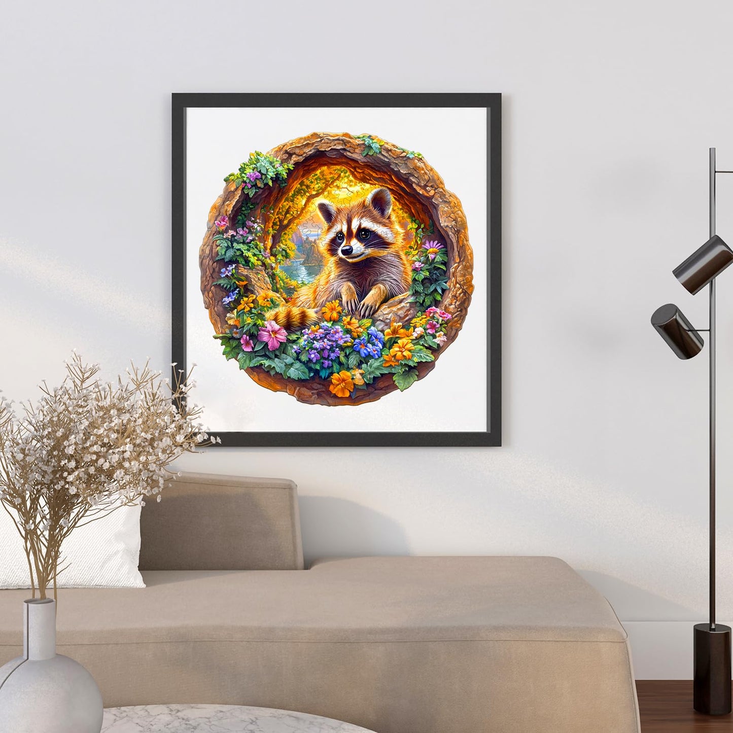 DOCRAGI Wooden Raccoon on Vacation Puzzle – 295-Piece Animal Jigsaw for Adults (13.4 x 13.3 in)