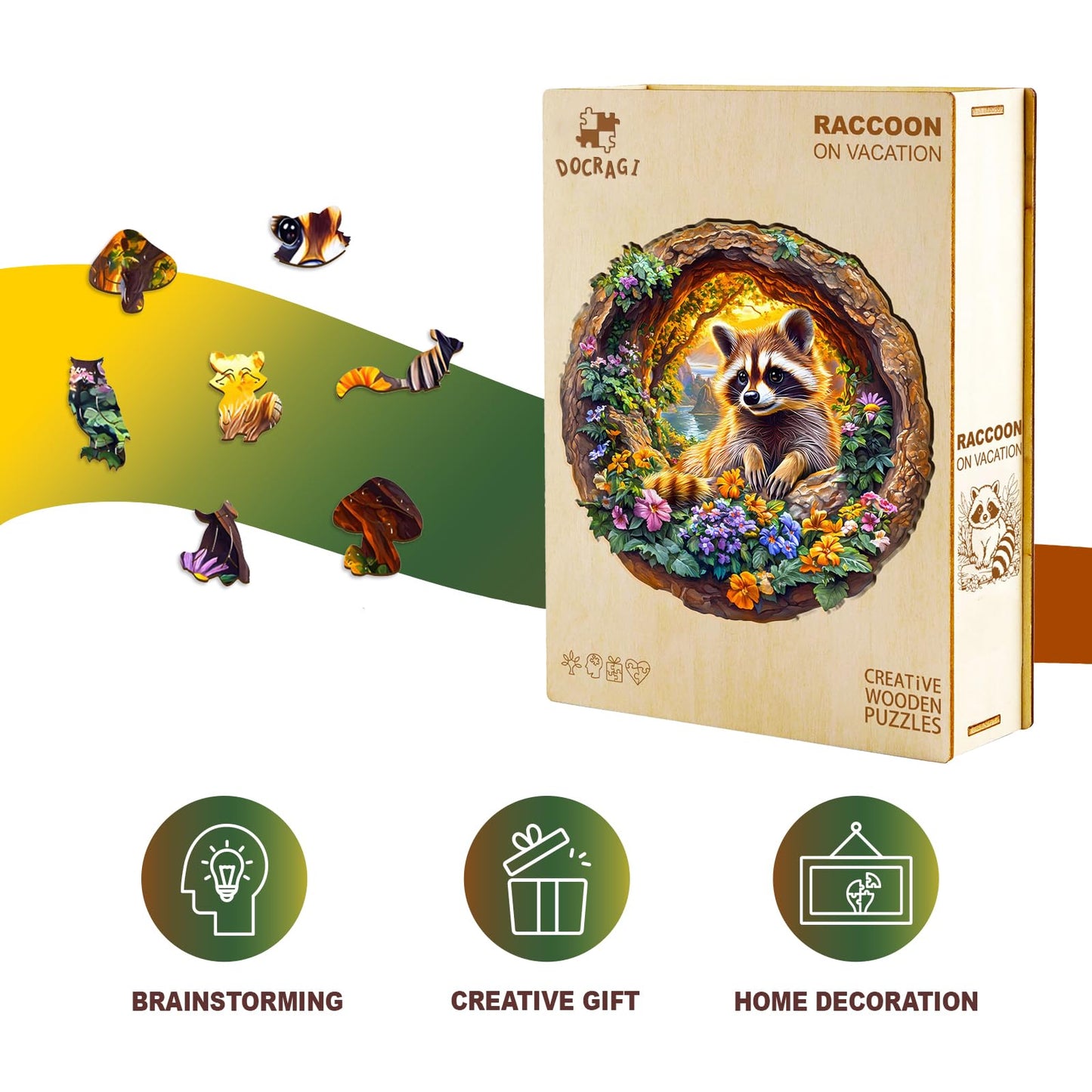 DOCRAGI Wooden Raccoon on Vacation Puzzle – 295-Piece Animal Jigsaw for Adults (13.4 x 13.3 in)