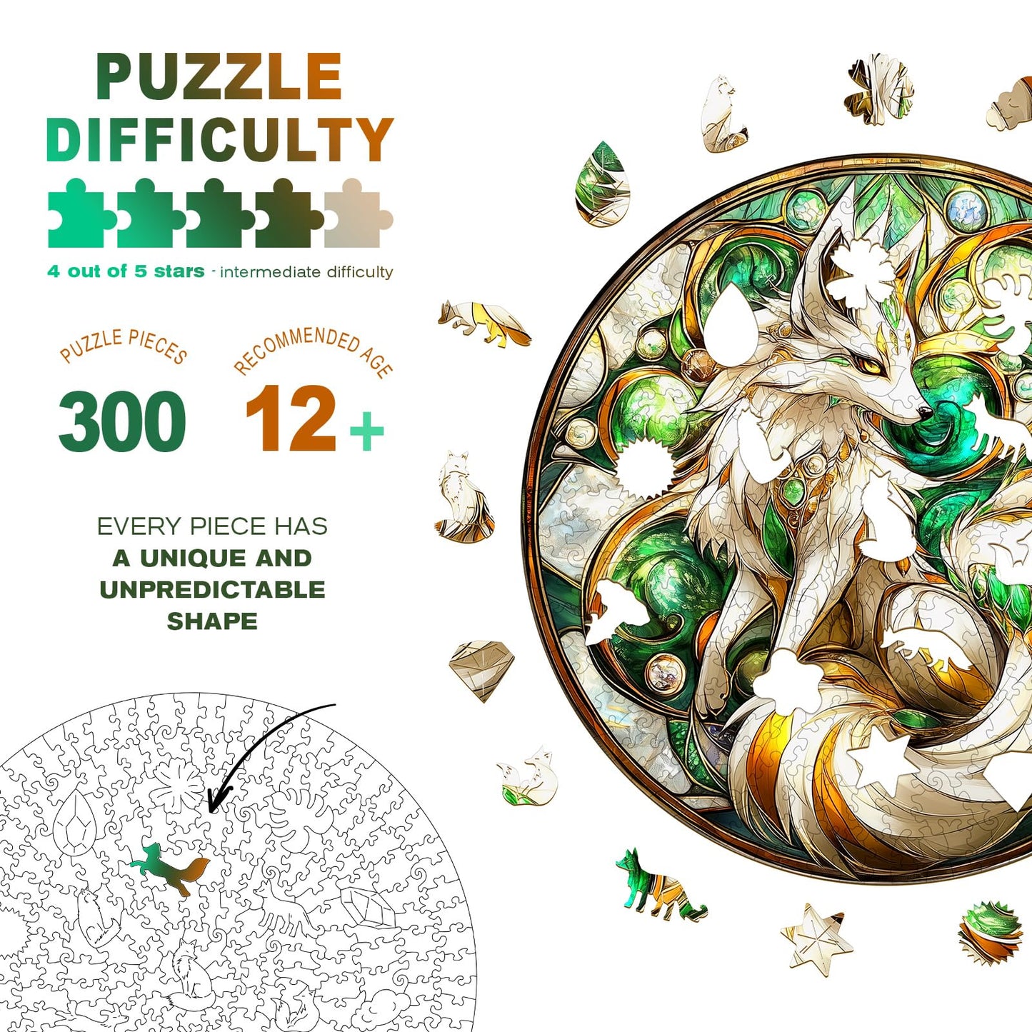DOCRAGI Elegant Fox Wooden Jigsaw Puzzle - 300 Pieces, 13.3 x 13.3 in