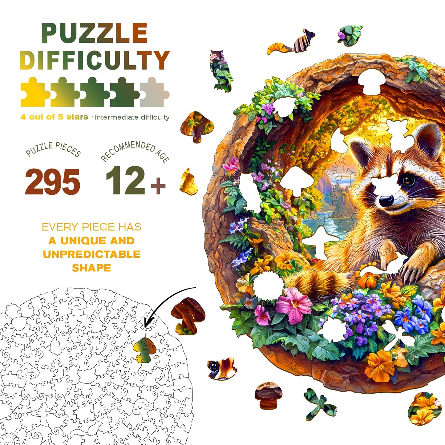 DOCRAGI Wooden Raccoon on Vacation Puzzle – 295-Piece Animal Jigsaw for Adults (13.4 x 13.3 in)