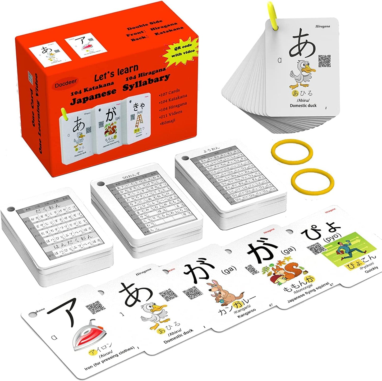 Docdeer Hiragana & Katakana Flash Cards – 104 Hiragana, 104 Katakana, Ring-Bound for Beginners