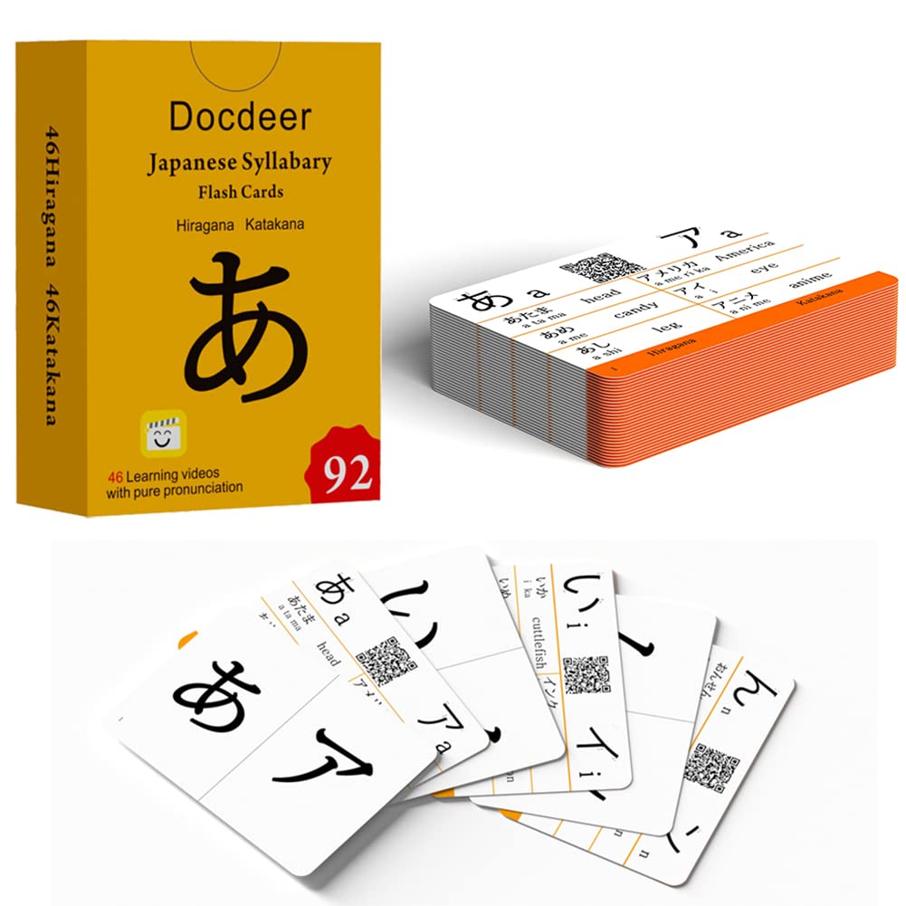 Docdeer Hiragana & Katakana Flash Cards for Beginners | 46+46 Syllabary + Pronunciation Videos (Classic Edition)