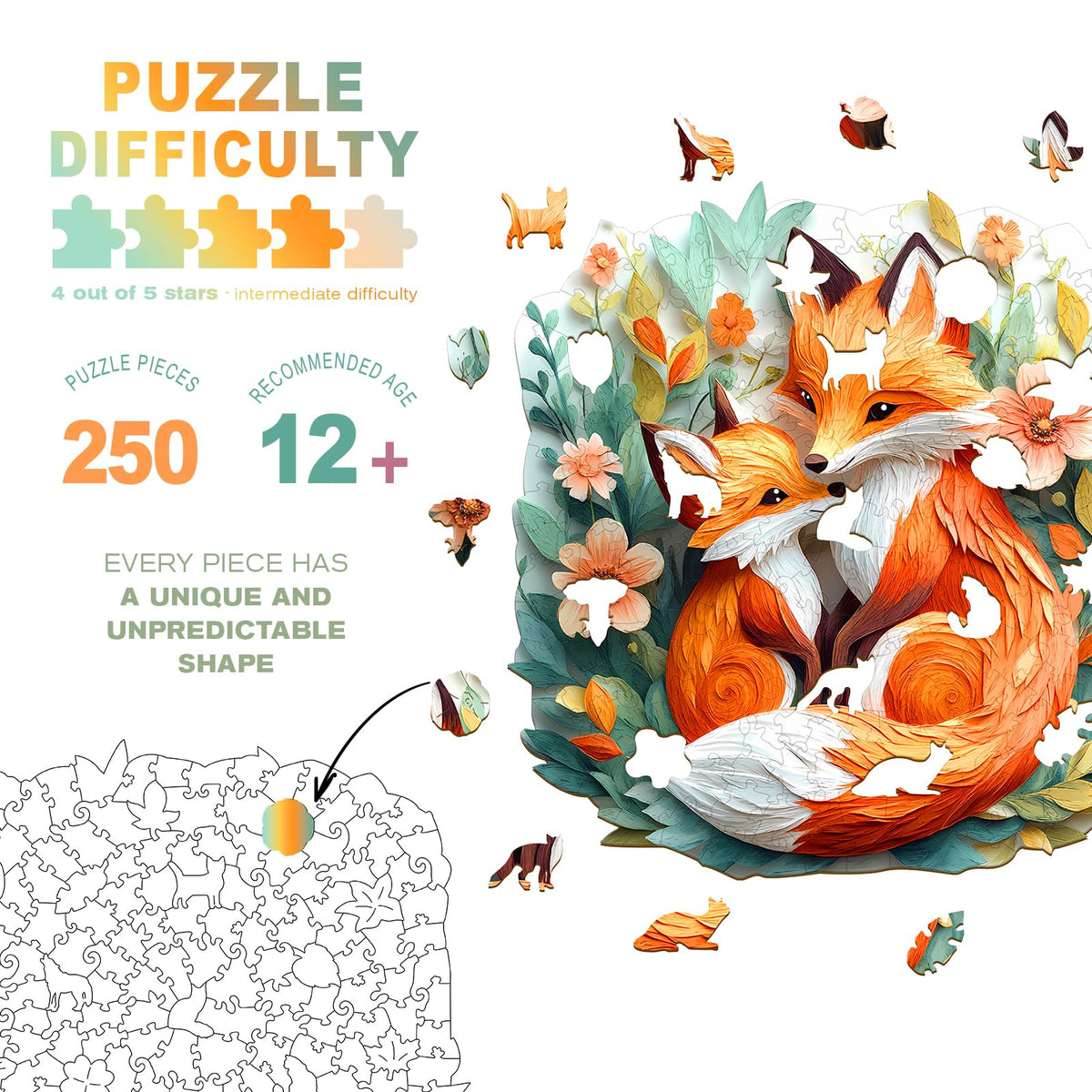 DOCRAGI Wooden Fox Puzzle for Adults — 250 Pieces, 13.4 x 13.1 in | Unique Animal Jigsaw Gift