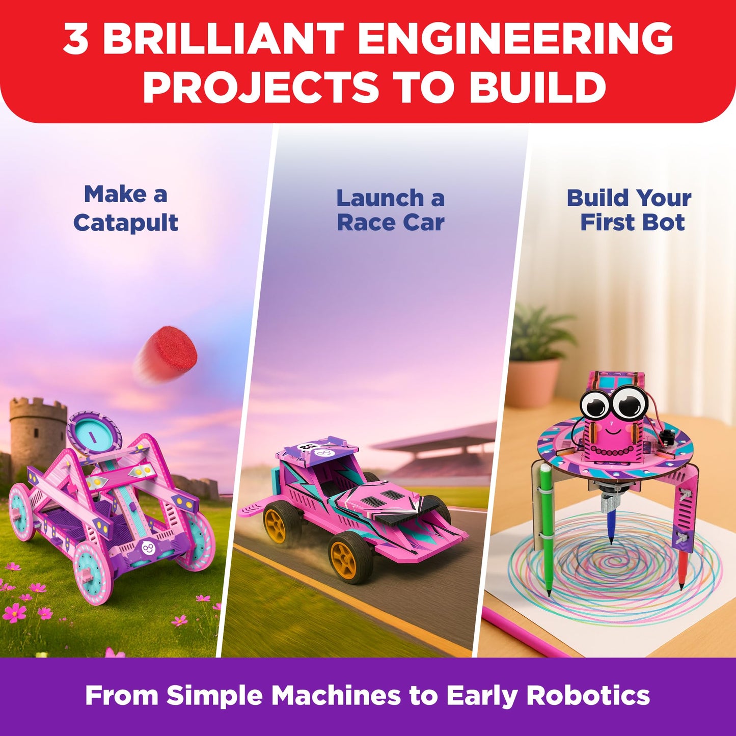 Doctor Jupiter Girls’ Ultimate Engineering Kit for Ages 8+ | Catapult, Race Car & Scribbling Robot