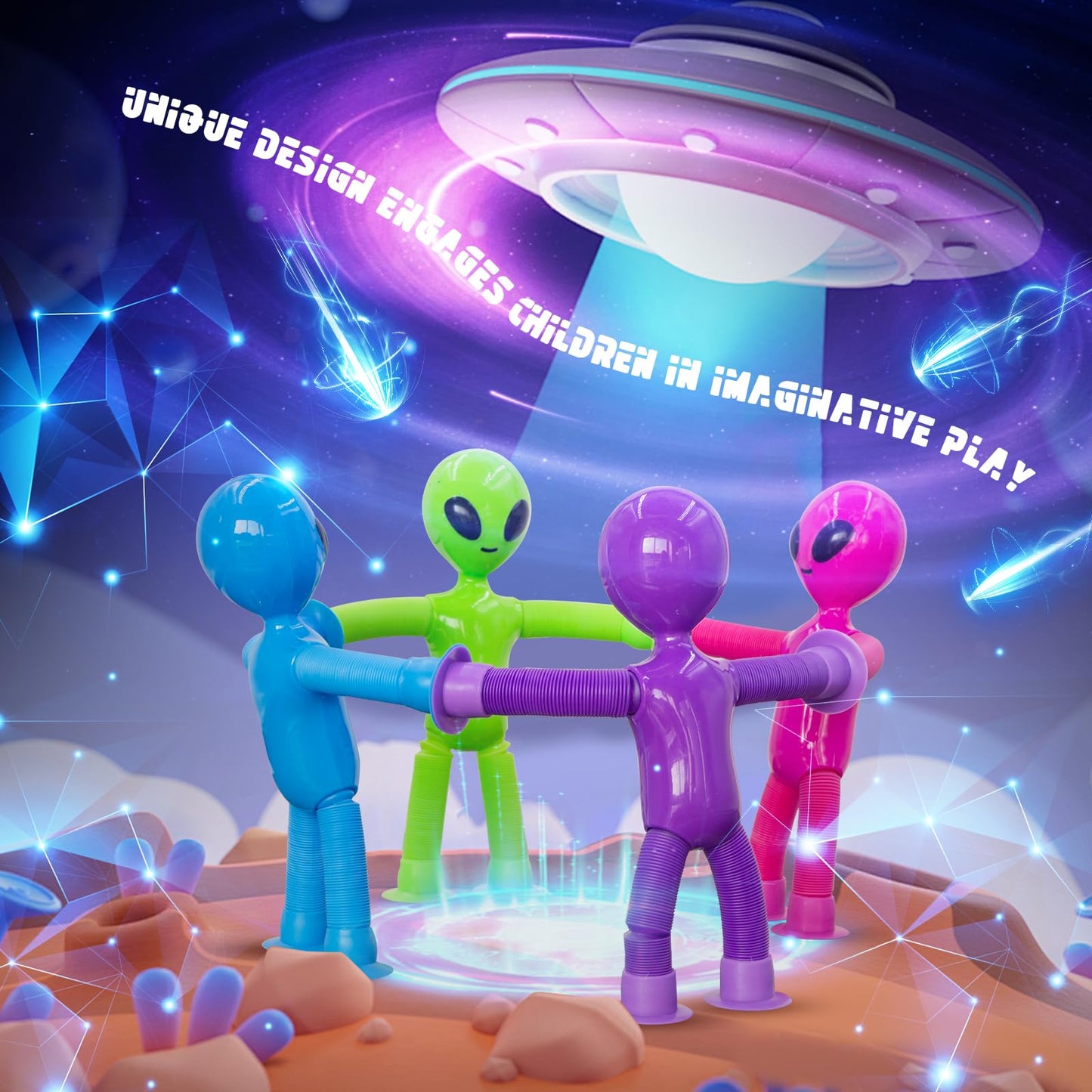 DoDoMagxanadu Pop Tubes Alien – 4 Pack Fidget Toys for Kids | Telescopic Suction Cup
