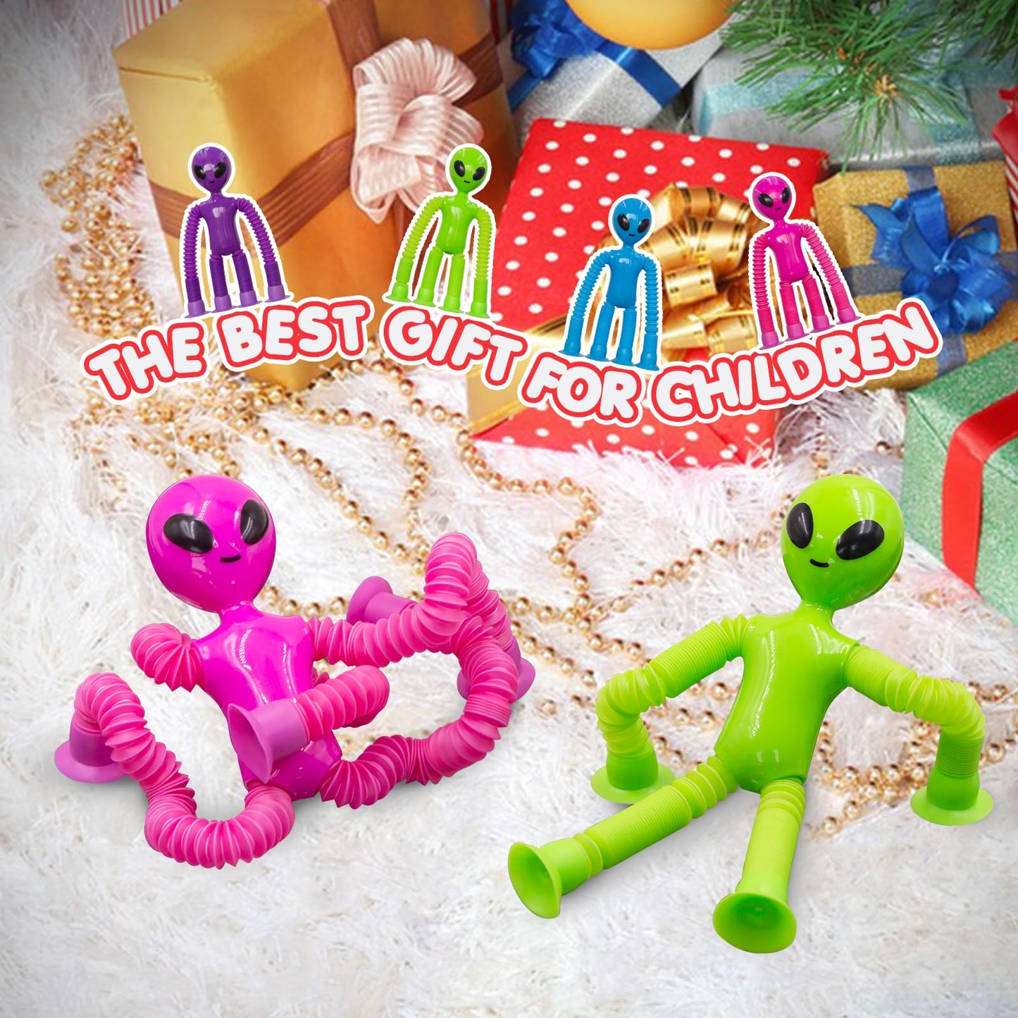 DoDoMagxanadu Pop Tubes Alien – 4 Pack Fidget Toys for Kids | Telescopic Suction Cup