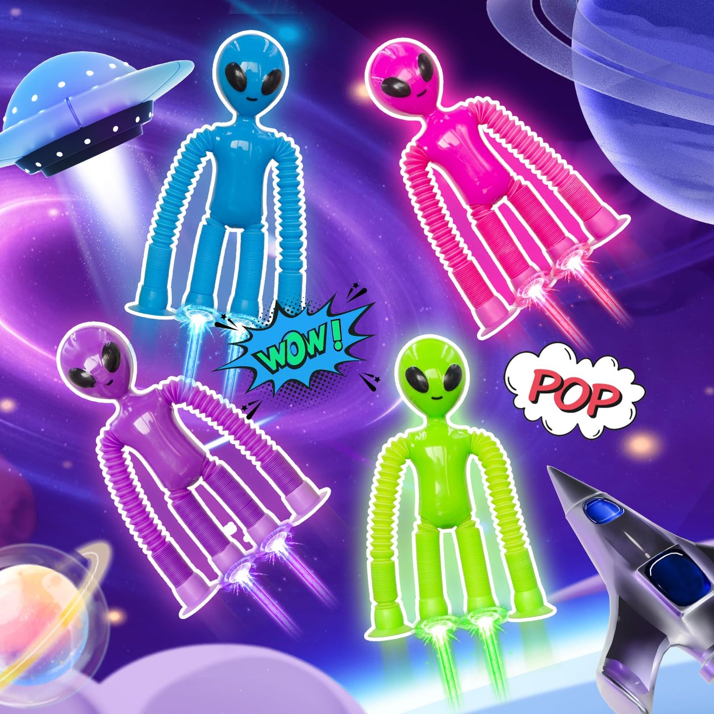 DoDoMagxanadu Pop Tubes Alien – 4 Pack Fidget Toys for Kids | Telescopic Suction Cup