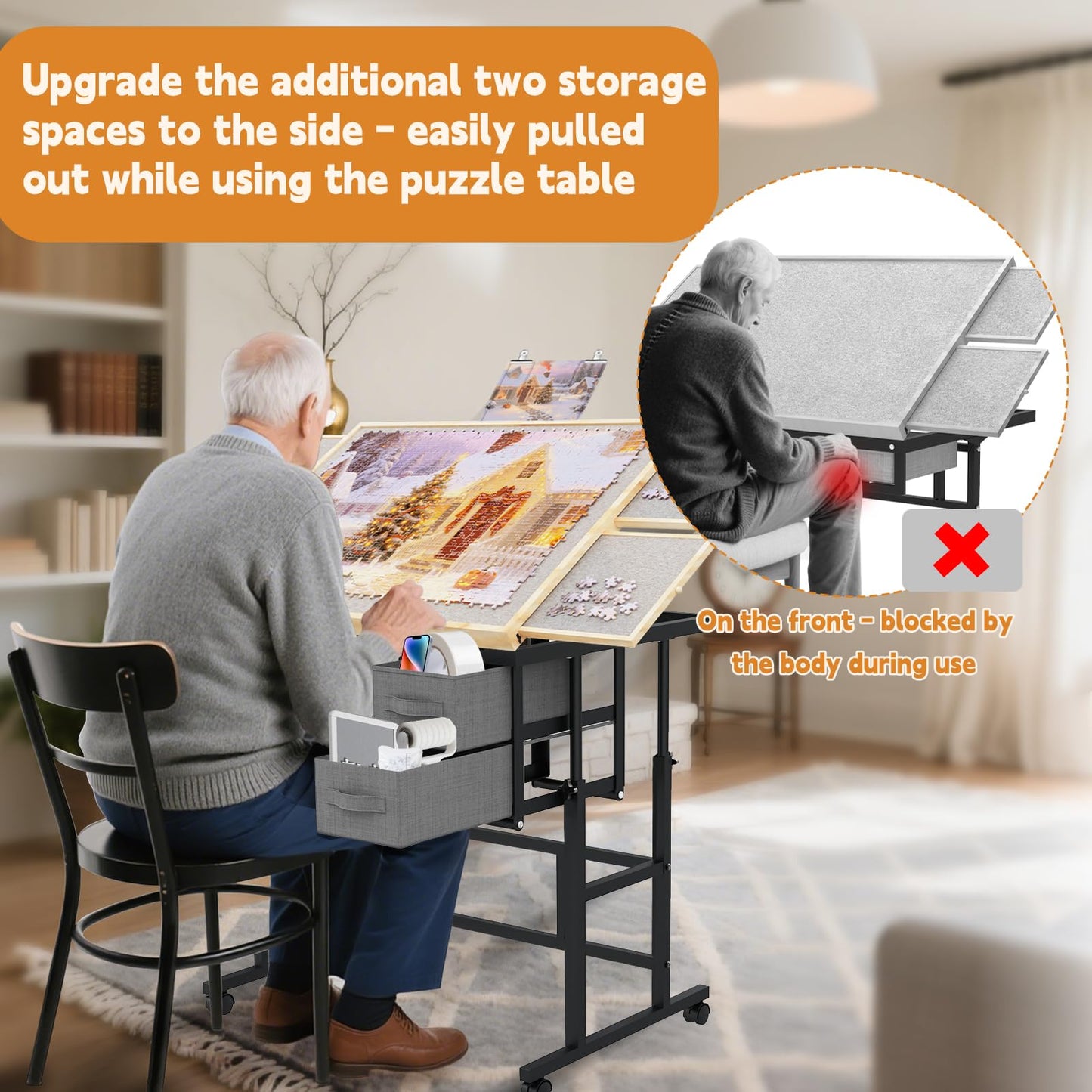 Doerpuz Jigsaw Puzzle Table with Drawers, Adjustable 5 Angles, Cover & Wheels – Gray