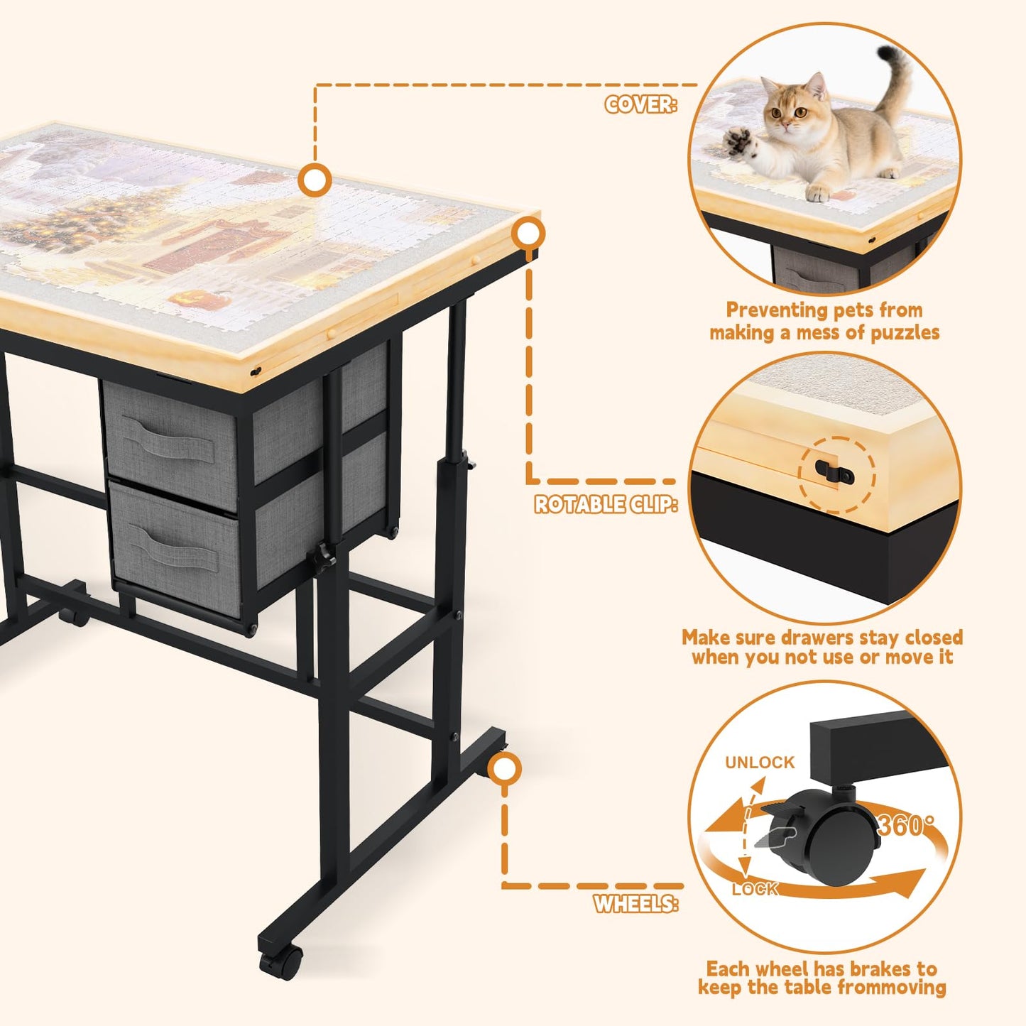 Doerpuz Jigsaw Puzzle Table with Drawers, Adjustable 5 Angles, Cover & Wheels – Gray