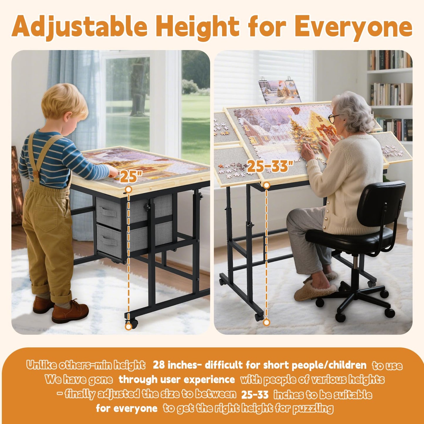 Doerpuz Jigsaw Puzzle Table with Drawers, Adjustable 5 Angles, Cover & Wheels – Gray