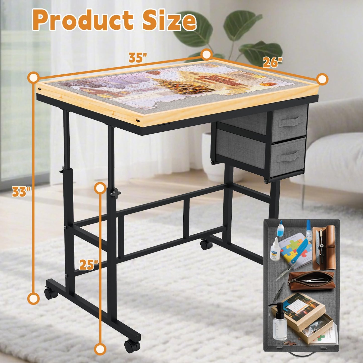Doerpuz Jigsaw Puzzle Table with Drawers, Adjustable 5 Angles, Cover & Wheels – Gray