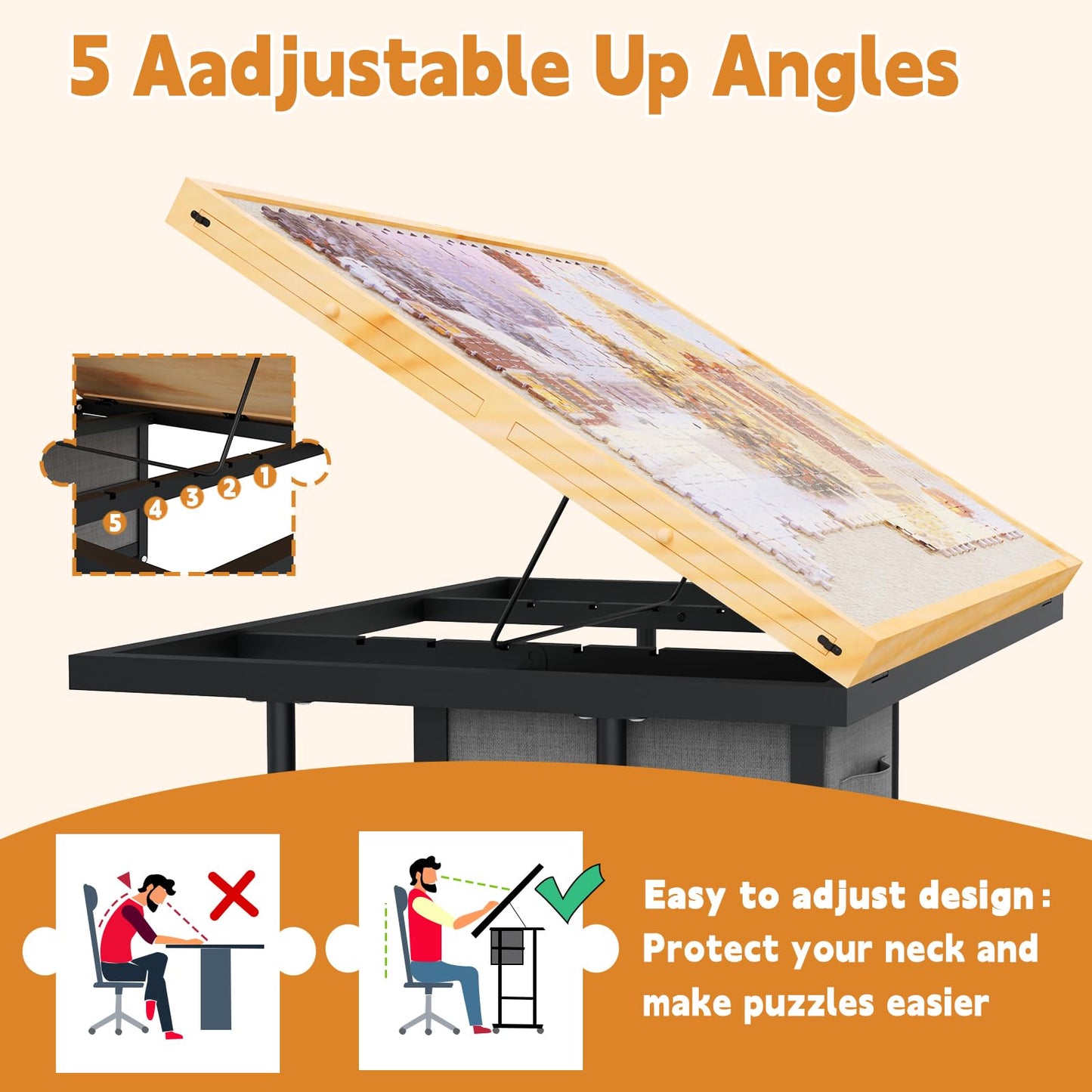 Doerpuz Jigsaw Puzzle Table with Drawers, Adjustable 5 Angles, Cover & Wheels – Gray