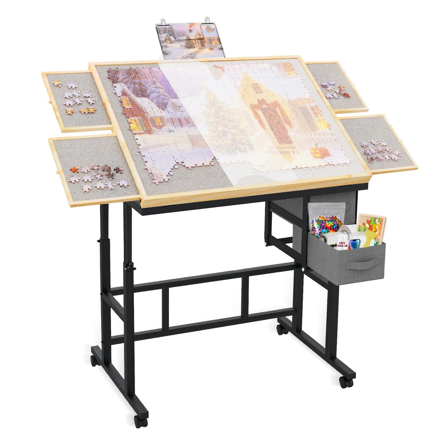 Doerpuz Jigsaw Puzzle Table with Drawers, Adjustable 5 Angles, Cover & Wheels – Gray