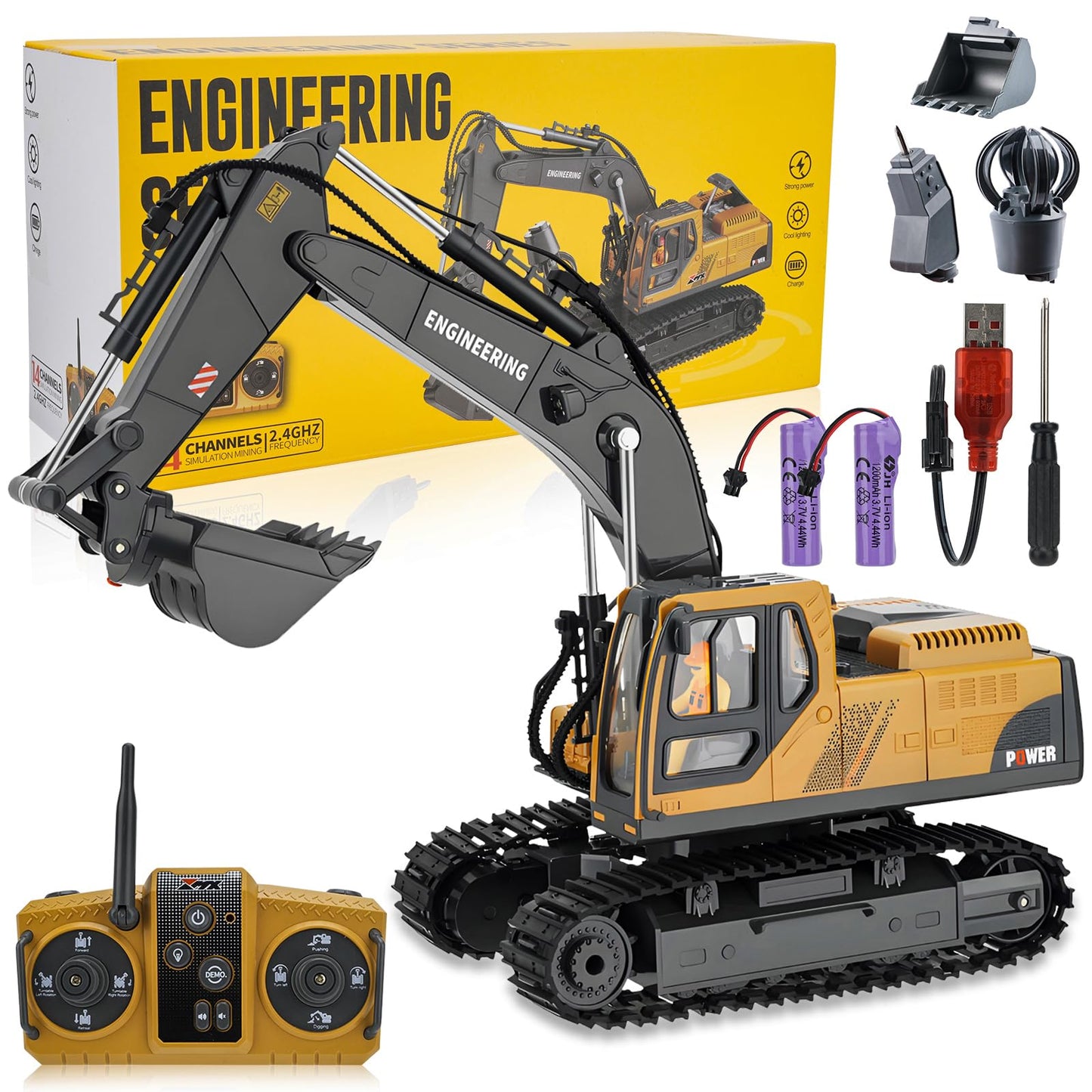 Dogern RC Excavator Toy – 3-in-1 Bucket, Claw & Drill, 14-Channel Remote with 680° Rotation