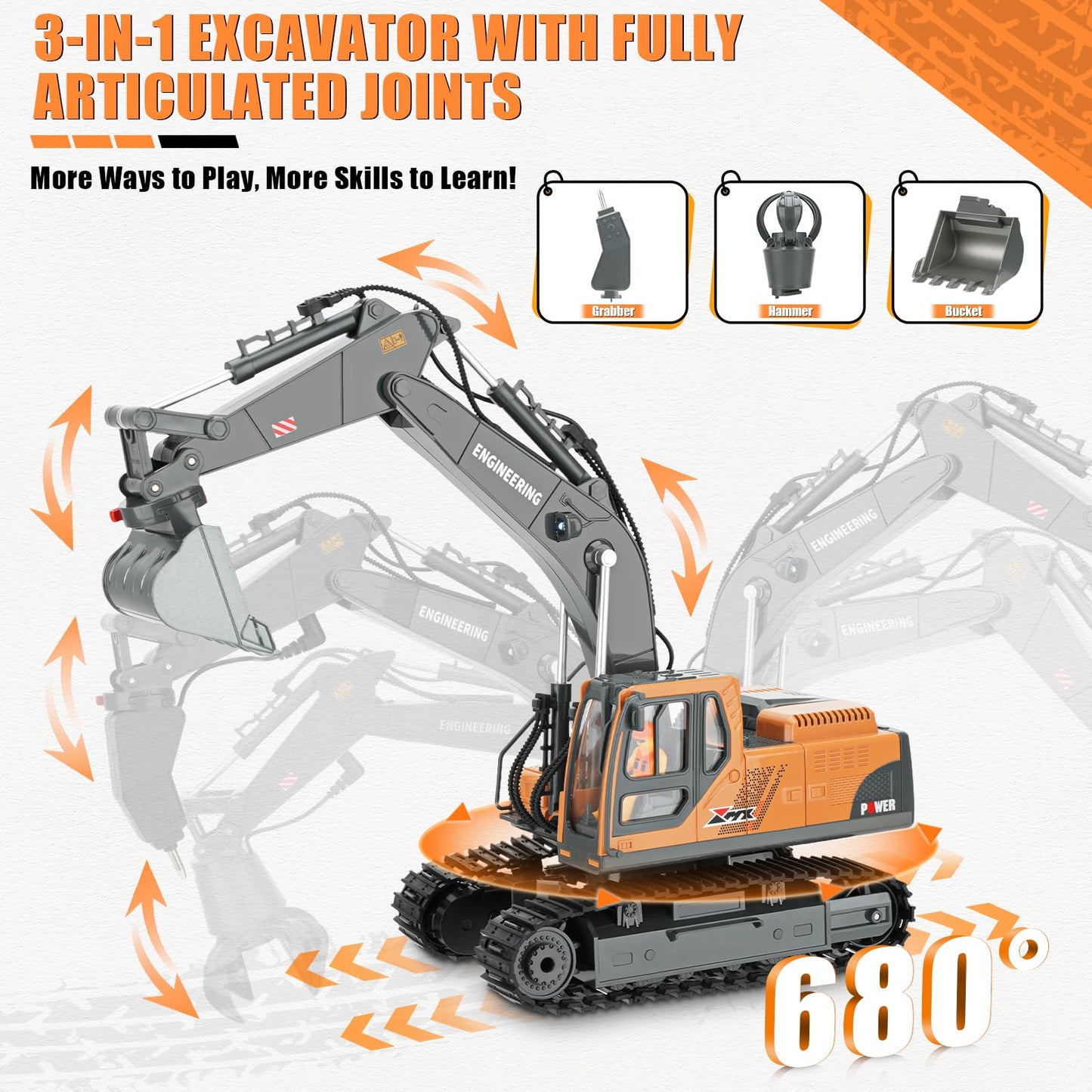 Dogern RC Excavator Toy – 3-in-1 Bucket, Claw & Drill, 14-Channel Remote with 680° Rotation