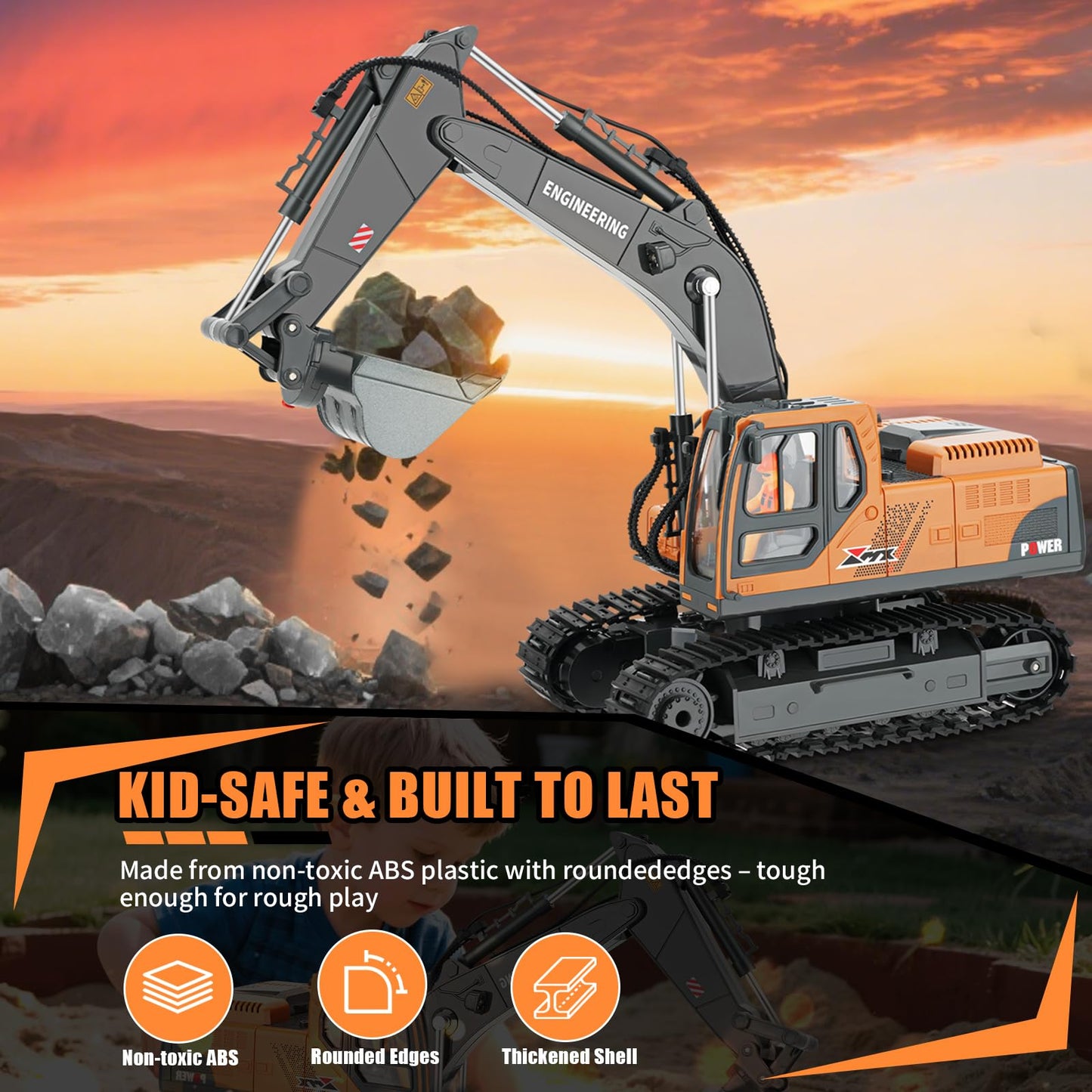 Dogern RC Excavator Toy – 3-in-1 Bucket, Claw & Drill, 14-Channel Remote with 680° Rotation