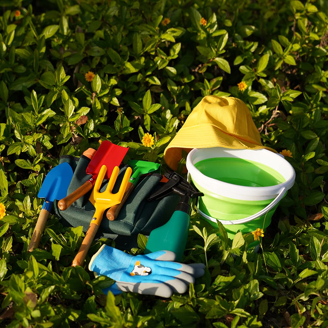 Doiaz Kidz Gardening Set – Real Metal Tools Kit with Sun Hat, Apron & Gloves