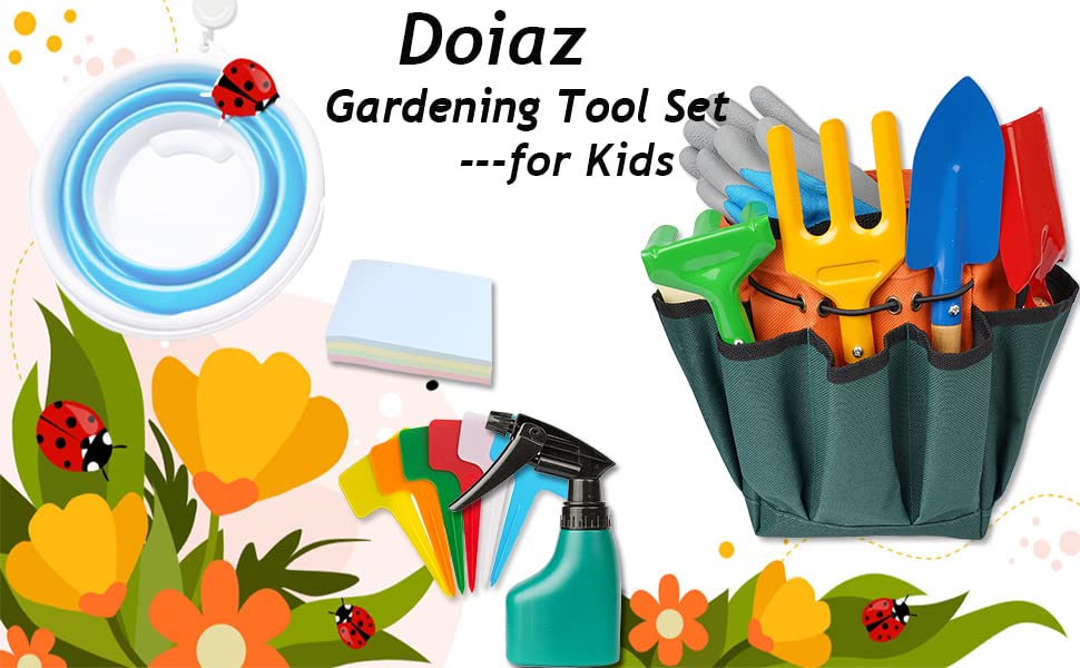 Doiaz Kidz Gardening Set – Real Metal Tools Kit with Sun Hat, Apron & Gloves