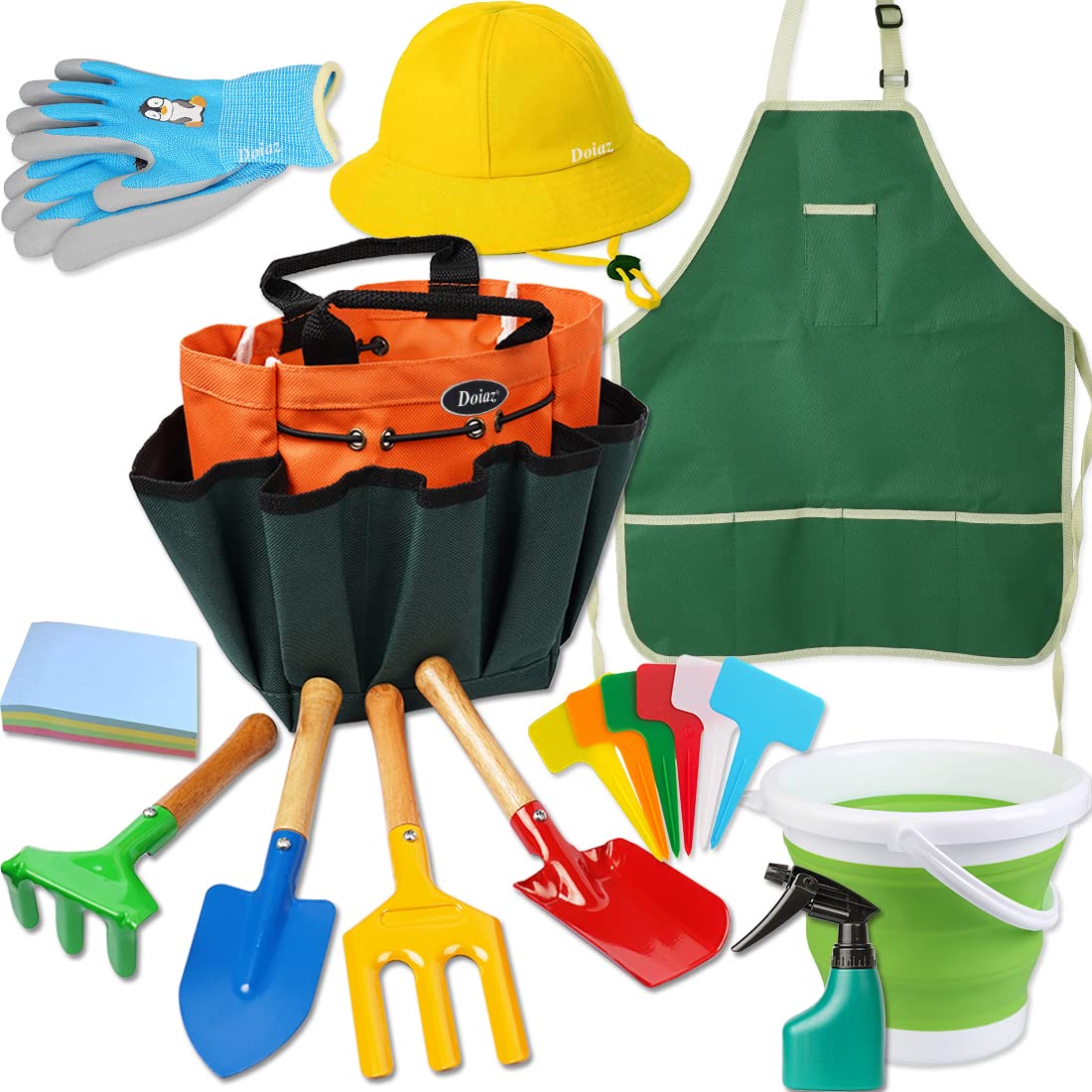 Doiaz Kidz Gardening Set – Real Metal Tools Kit with Sun Hat, Apron & Gloves