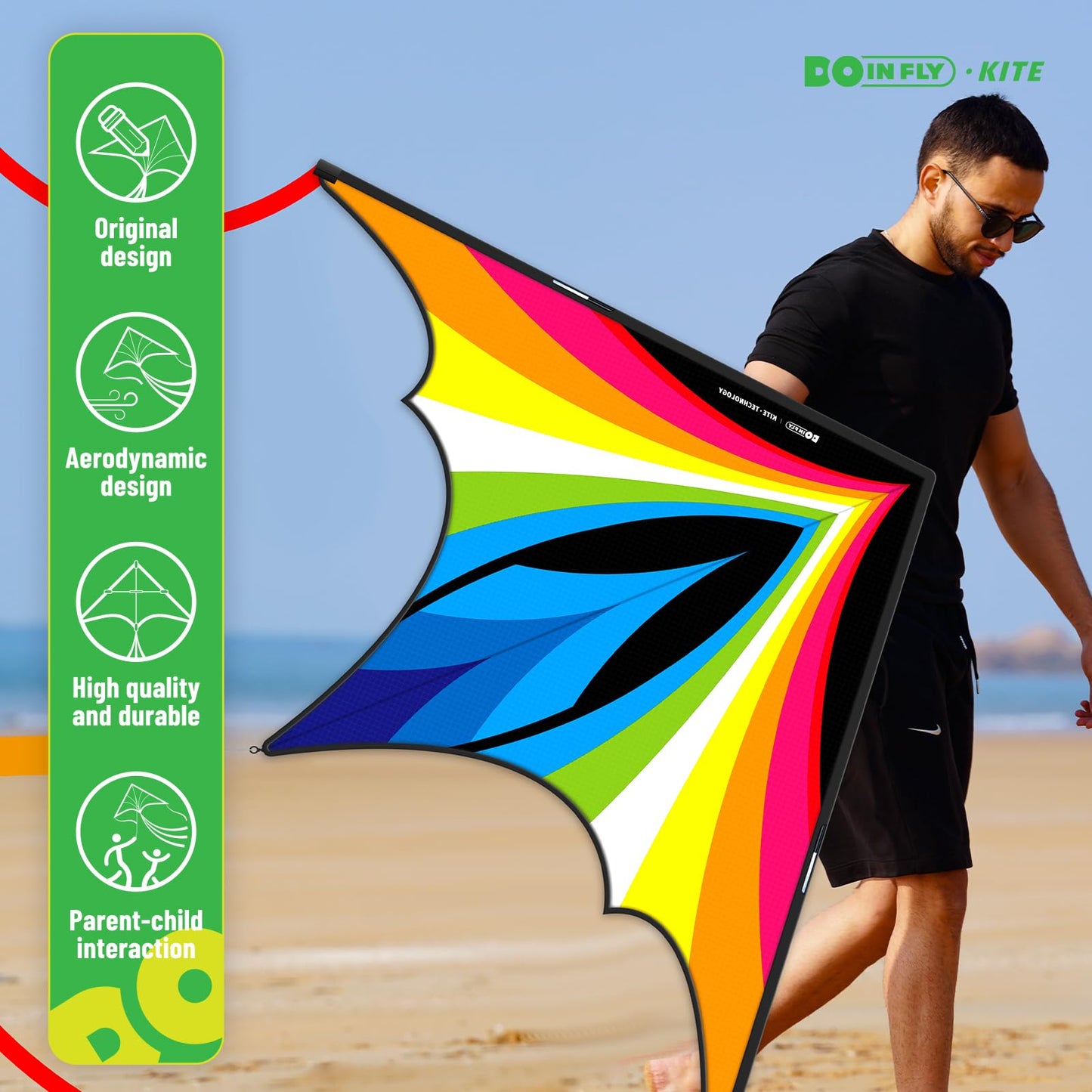 Doinfly Triangular Delta Kite – Easy to Fly, Rainbow Design, 1.4m