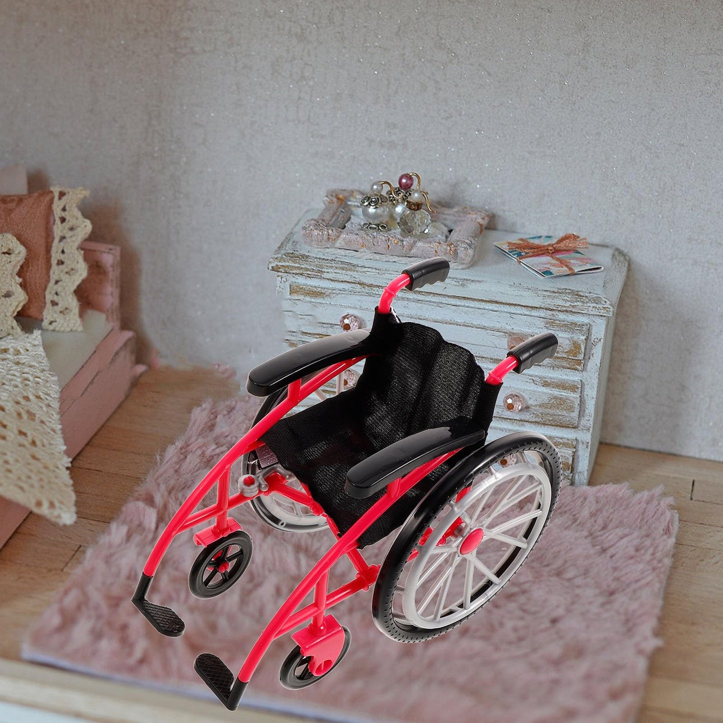 DOITOOL Mini Wheelchair Crutch Props – Realistic Dollhouse Accessory (Red)