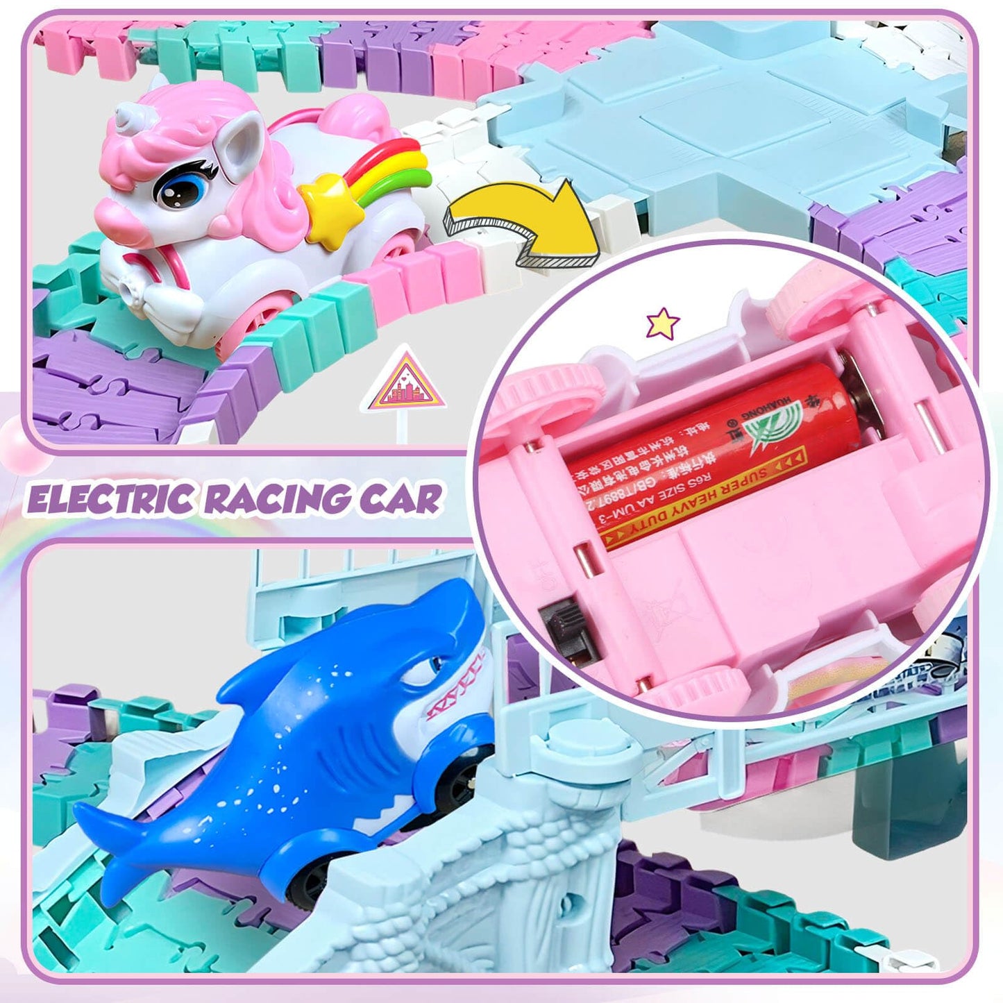 Dolanus Unicorn Race Tracks – Flexible Car Track Set with 2 Electric Cars (Ages 3-8)