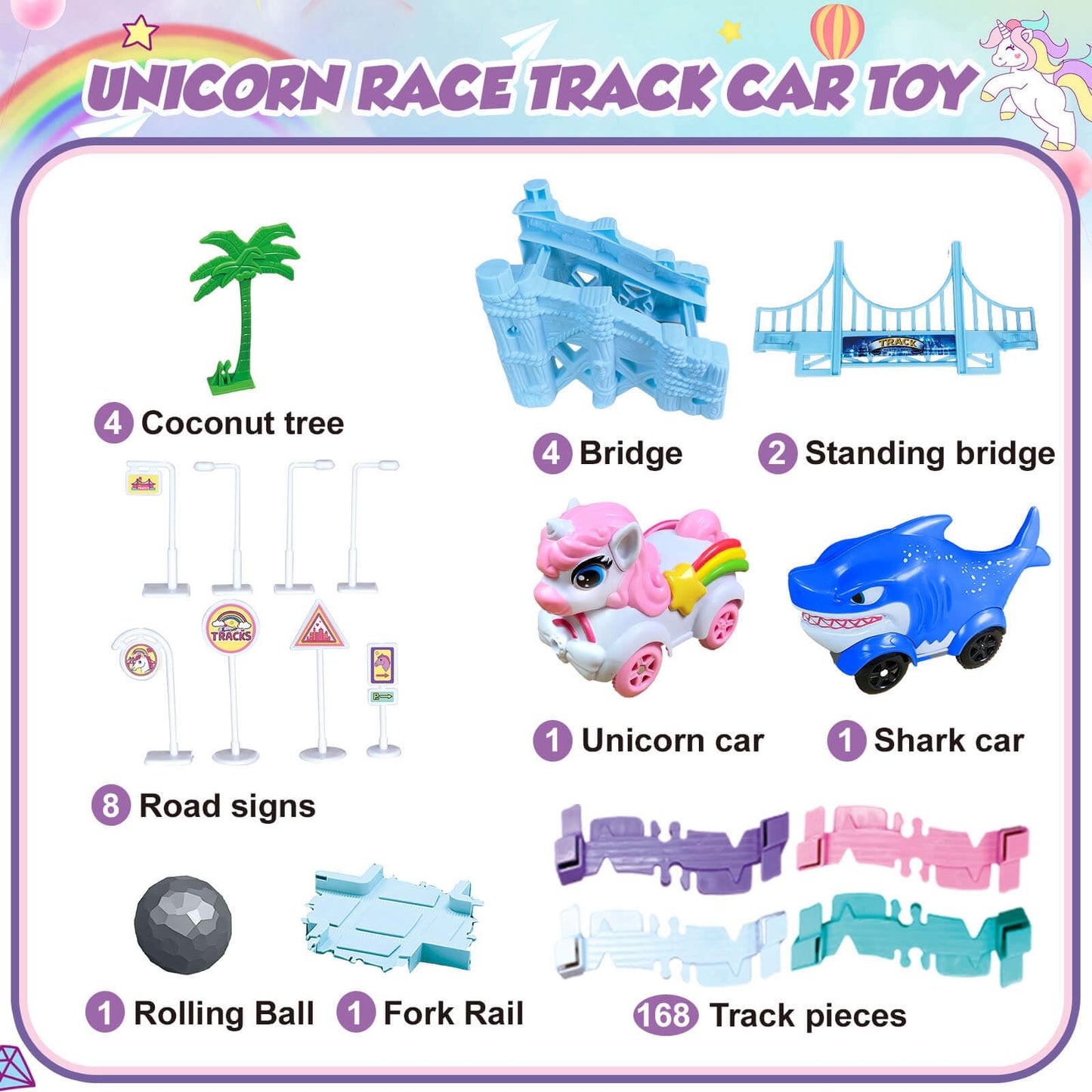 Dolanus Unicorn Race Tracks – Flexible Car Track Set with 2 Electric Cars (Ages 3-8)