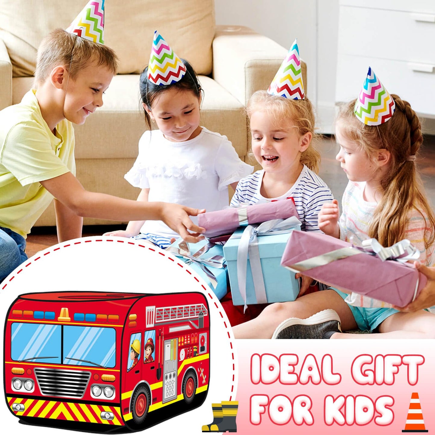 Dolanus Fire Truck Play Tent – Quick Pop-Up Indoor & Outdoor Playhouse for Ages 3+