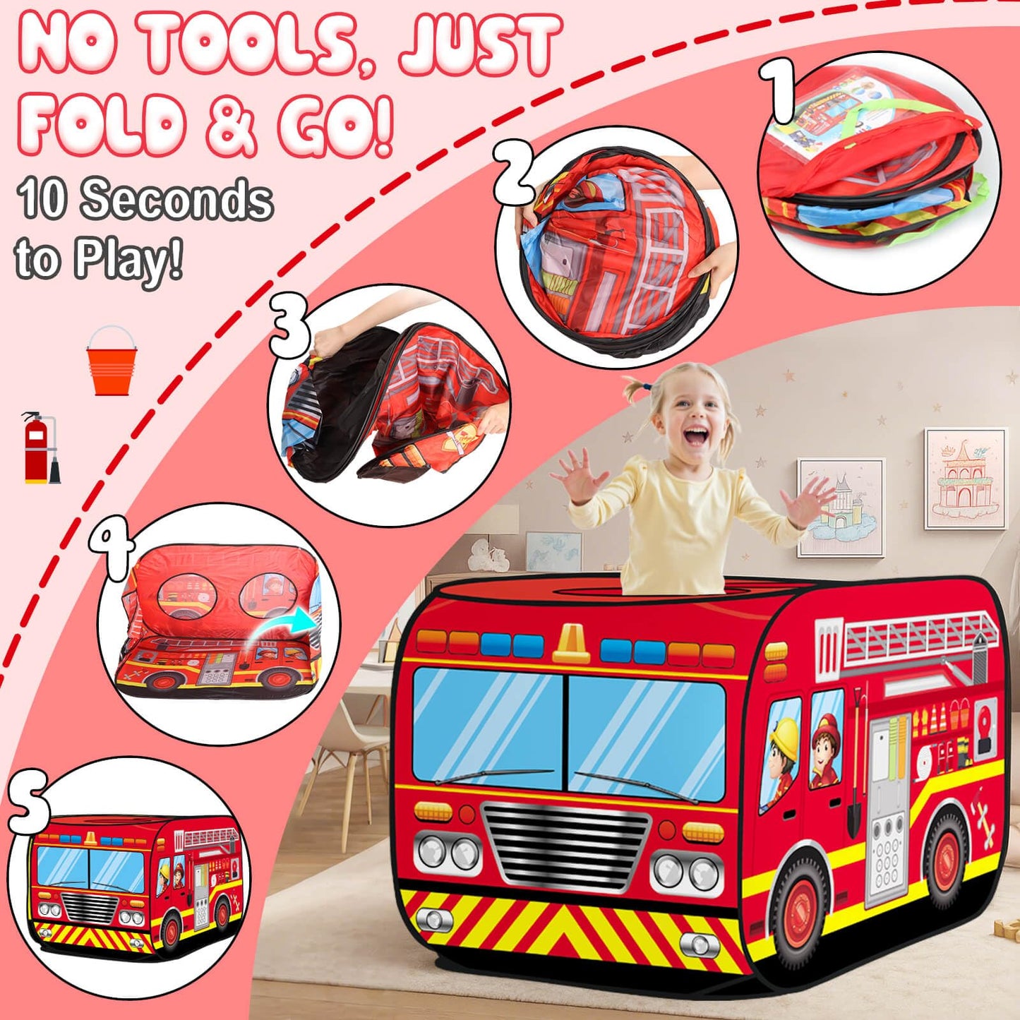 Dolanus Fire Truck Play Tent – Quick Pop-Up Indoor & Outdoor Playhouse for Ages 3+