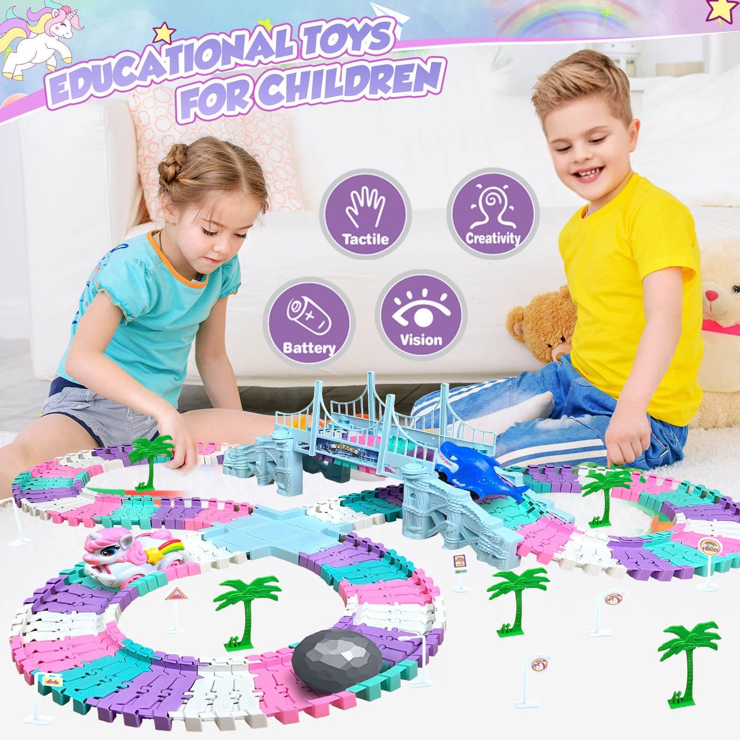 Dolanus Unicorn Race Tracks – Flexible Car Track Set with 2 Electric Cars (Ages 3-8)