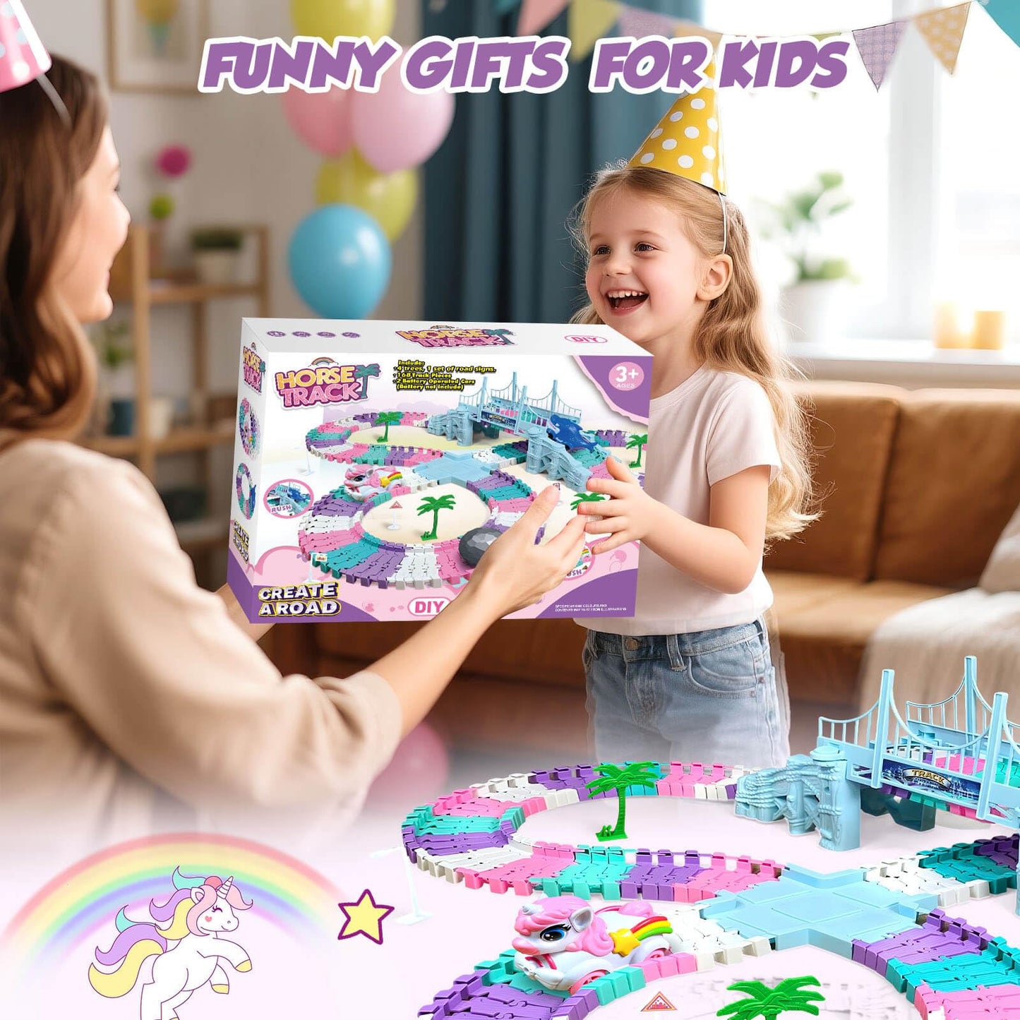 Dolanus Unicorn Race Tracks – Flexible Car Track Set with 2 Electric Cars (Ages 3-8)