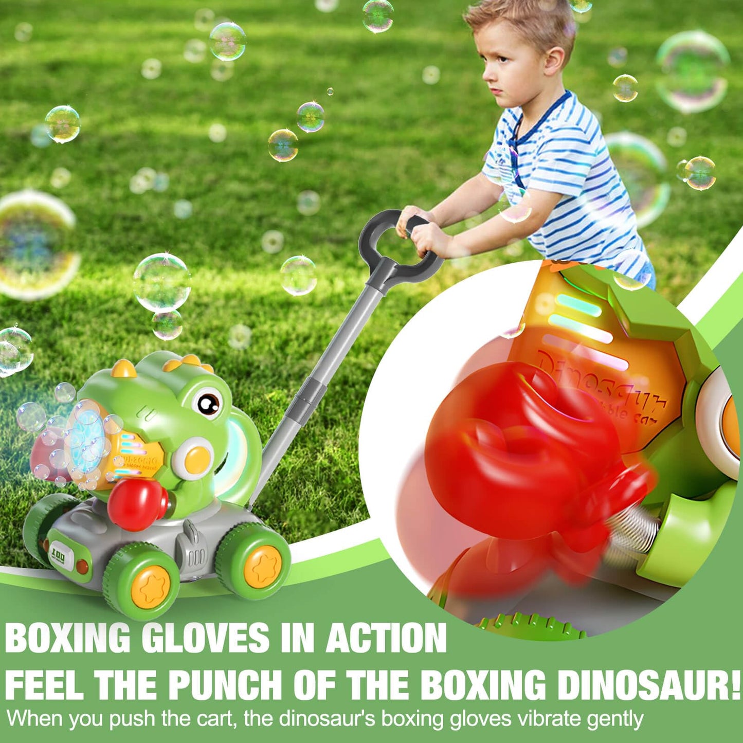 Dolanus Bubble Machine for Toddlers – Dinosaur Boxing Push Car & Outdoor Bubble Toy