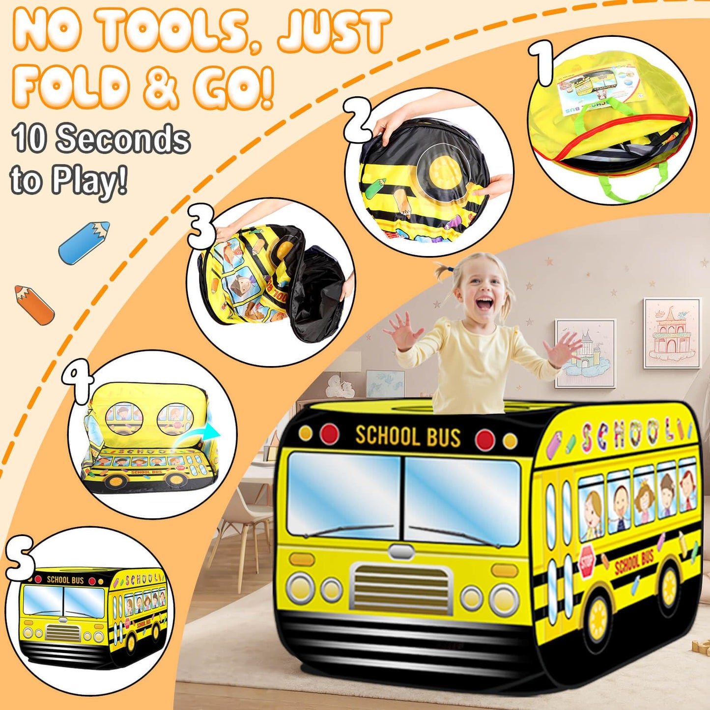 Dolanus School Bus Play Tent – Quick-Setup Indoor/Outdoor Playhouse for 3+ Kids