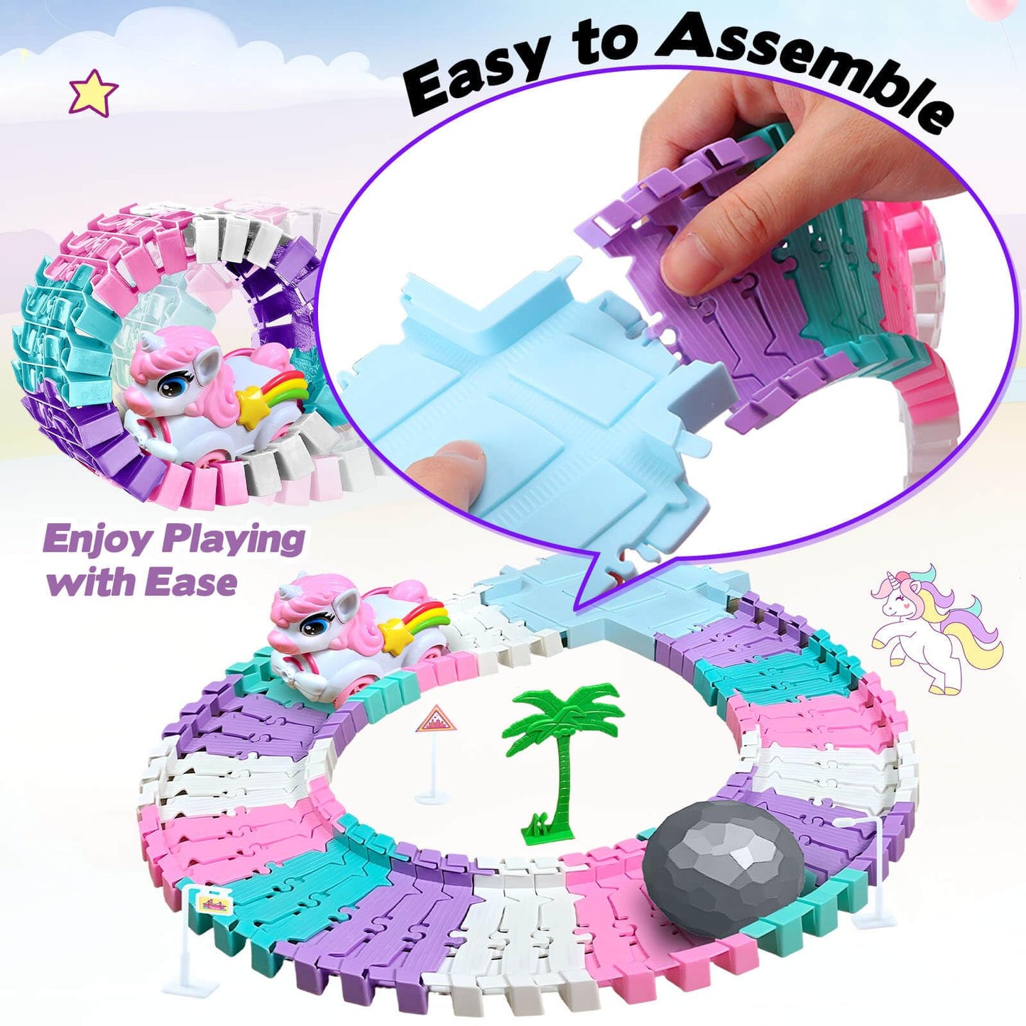 Dolanus Unicorn Race Tracks – Flexible Car Track Set with 2 Electric Cars (Ages 3-8)