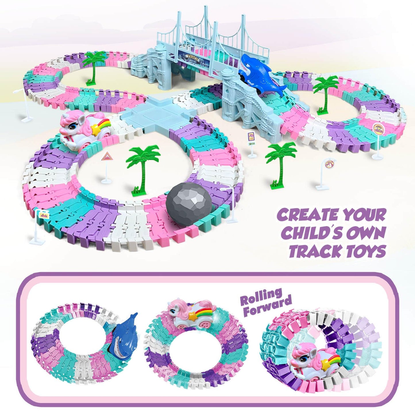 Dolanus Unicorn Race Tracks – Flexible Car Track Set with 2 Electric Cars (Ages 3-8)