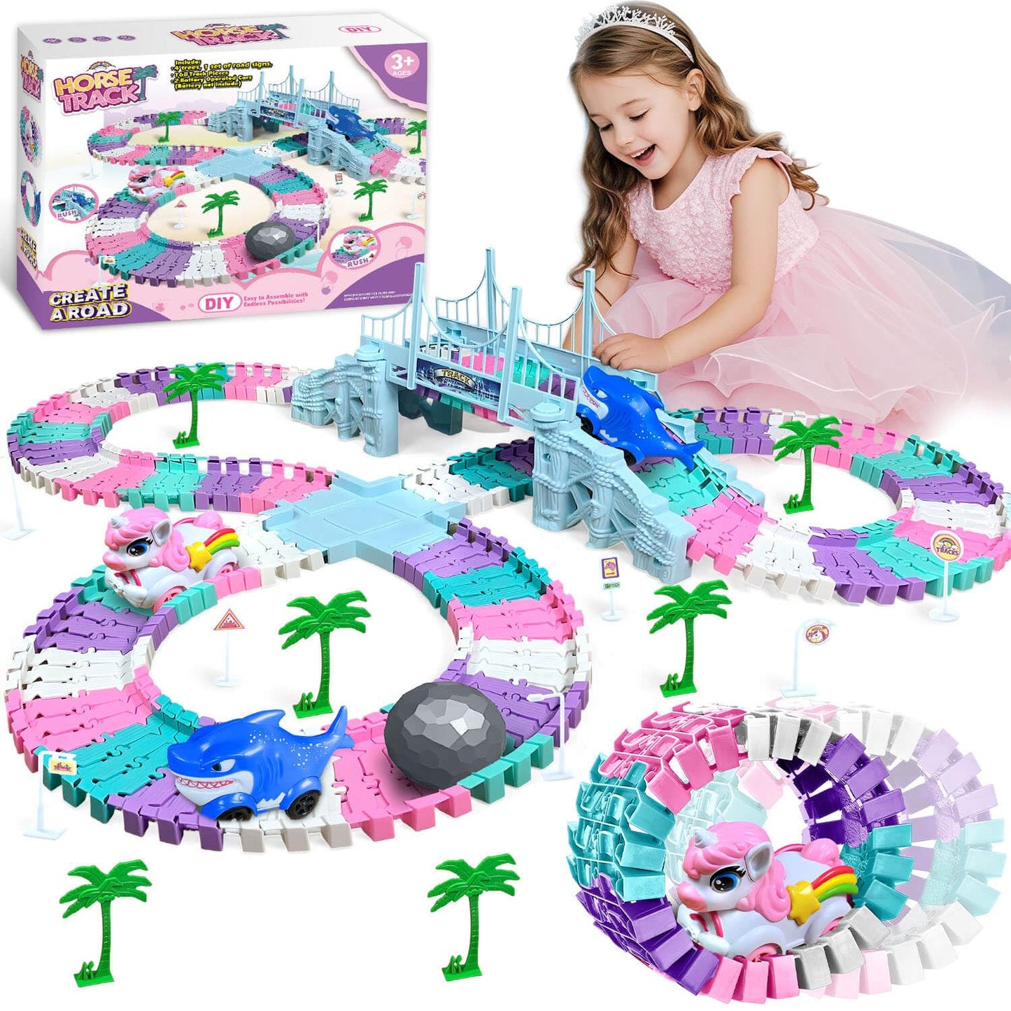 Dolanus Unicorn Race Tracks – Flexible Car Track Set with 2 Electric Cars (Ages 3-8)
