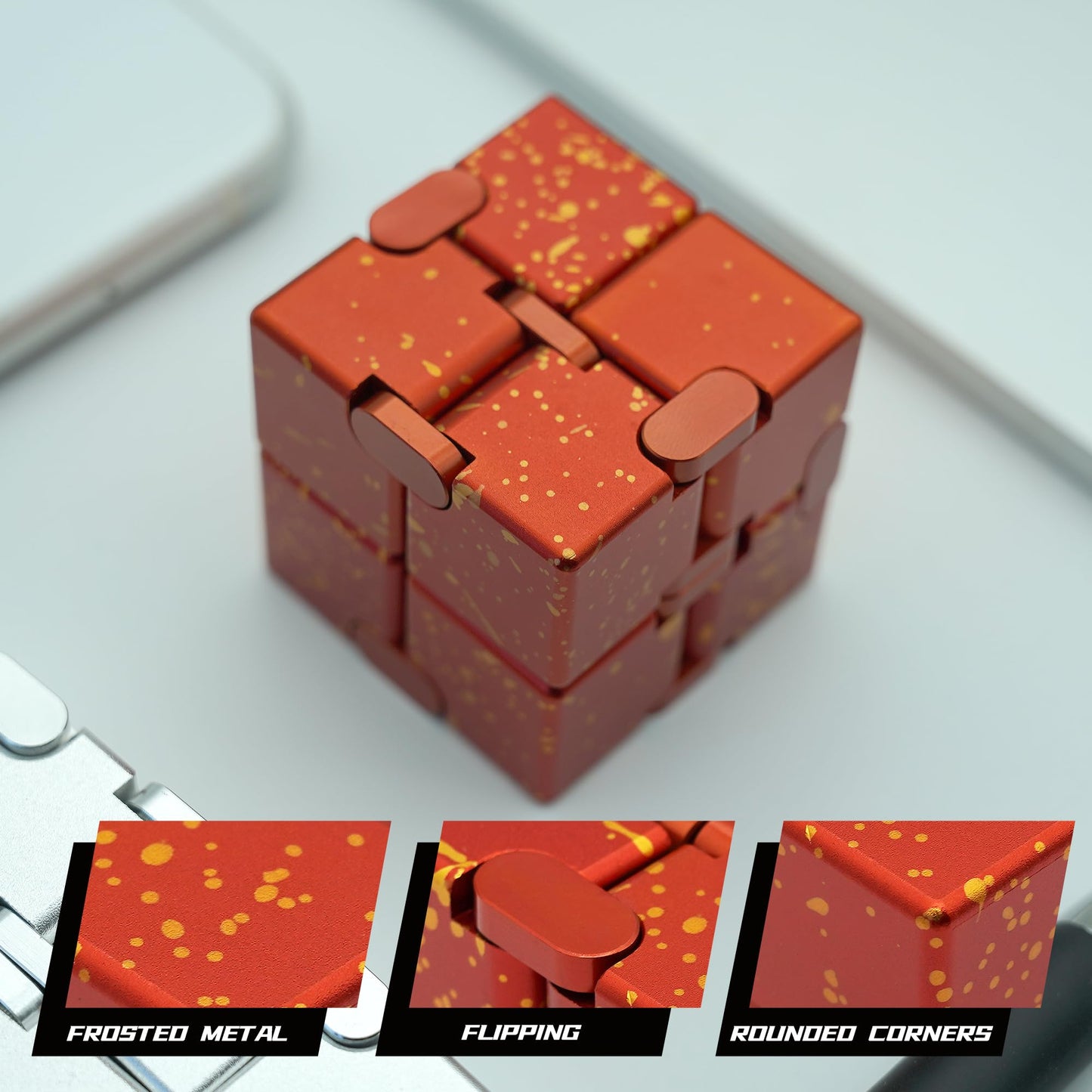 DOLASEV Infinity Cube Fidget Toy – Metal Desk Fidget for Focus (Red/Yellow)