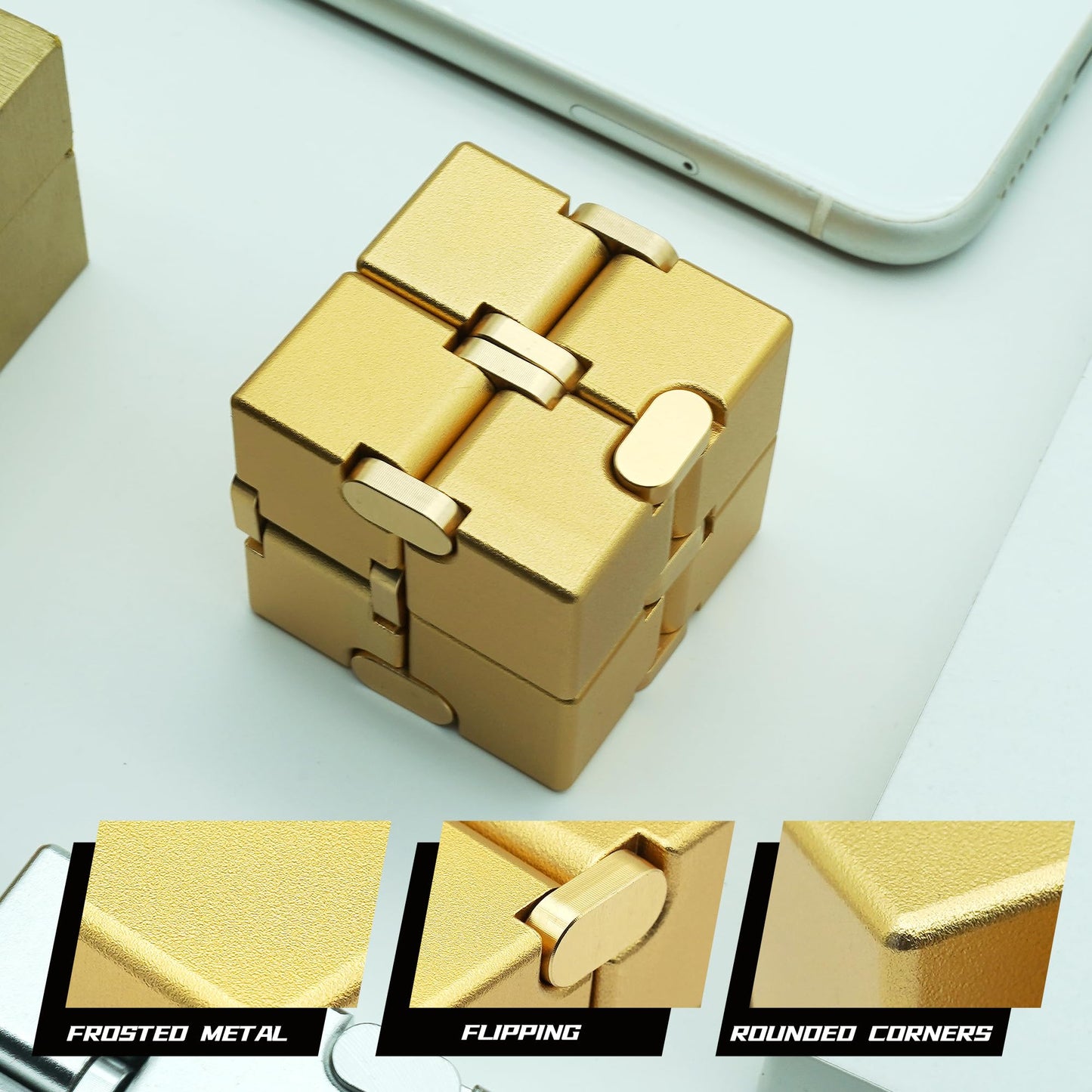DOLASEV Infinity Cube Fidget Toy – Aluminum Alloy Metal Fidget Cube (Gold)