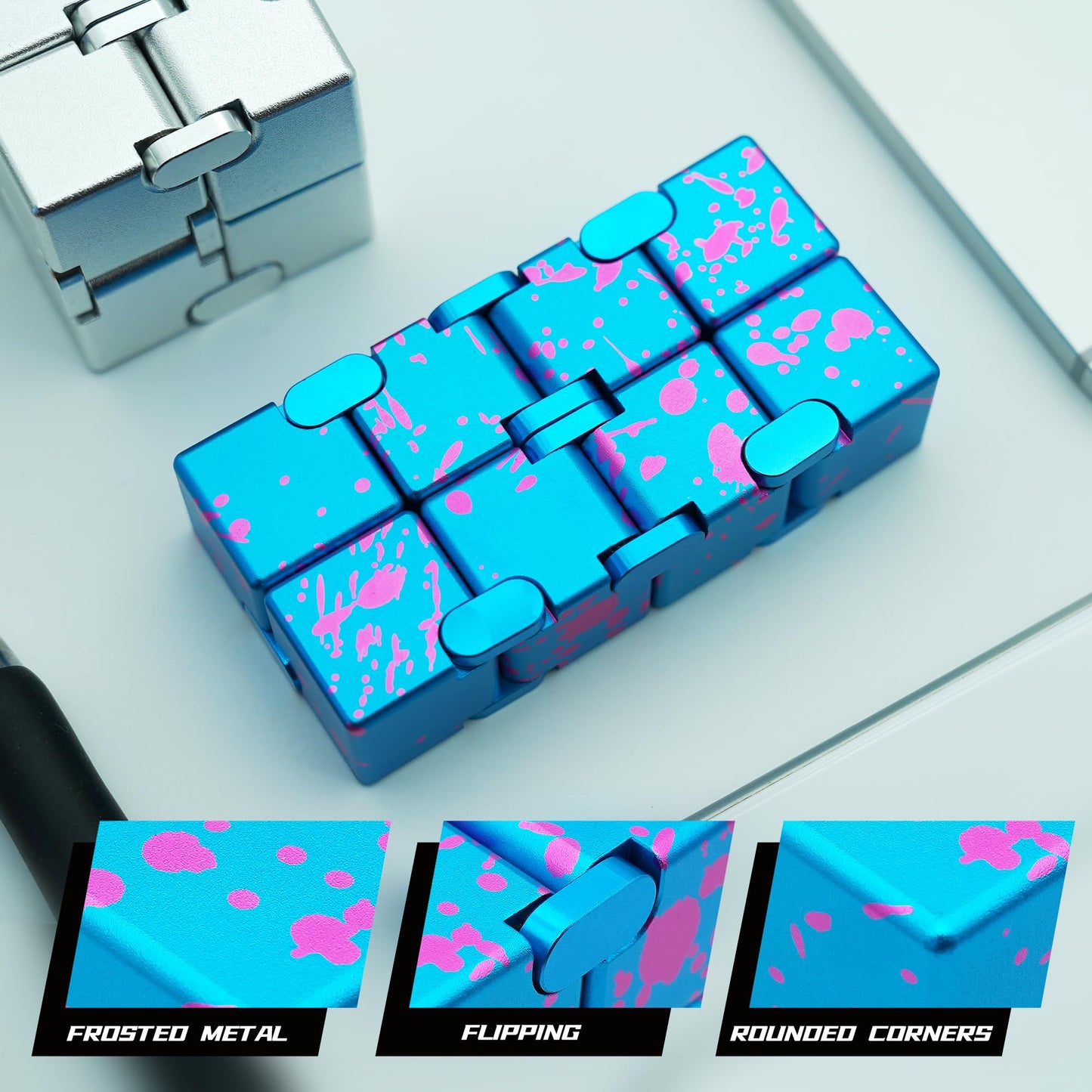 DOLASEV Weighted Metal Infinity Cube Fidget Toy – Aluminum Alloy Desk Fidgets (Blue Pink)