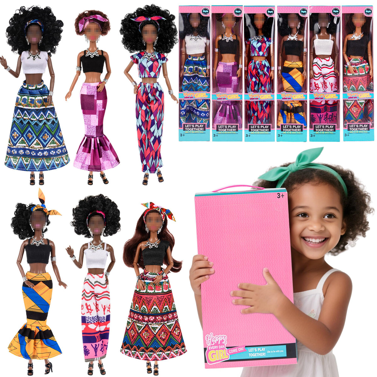 Dollbie 6-Pack African American Fashion Dolls - 11.5-Inch Posable with Mix & Match Outfits + Pink Gift Case