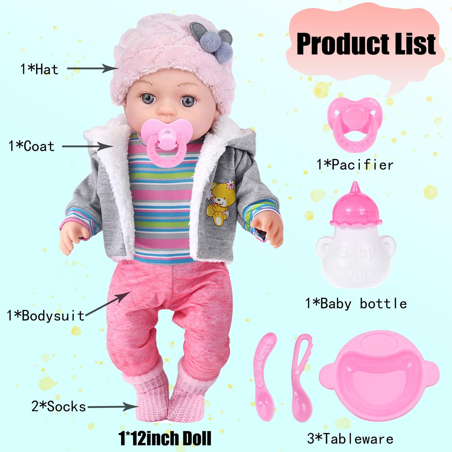 Dollbie 12-Inch Baby Doll – Lifelike Playset with 3-Piece Outfit, 4 Accessories & Feeding Set