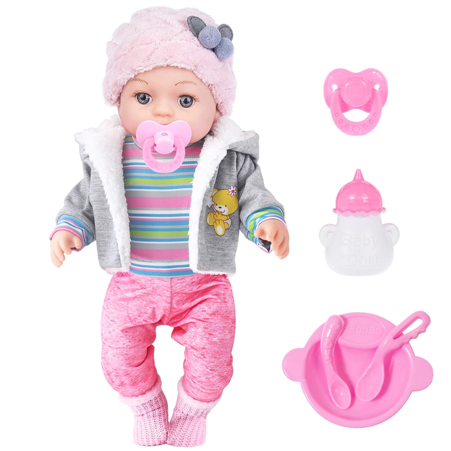 Dollbie 12-Inch Baby Doll – Lifelike Playset with 3-Piece Outfit, 4 Accessories & Feeding Set