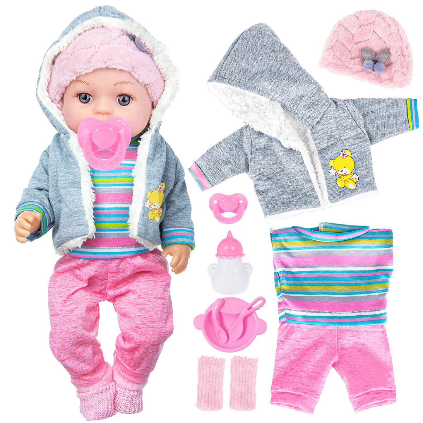 Dollbie 12-Inch Baby Doll – Lifelike Playset with 3-Piece Outfit, 4 Accessories & Feeding Set