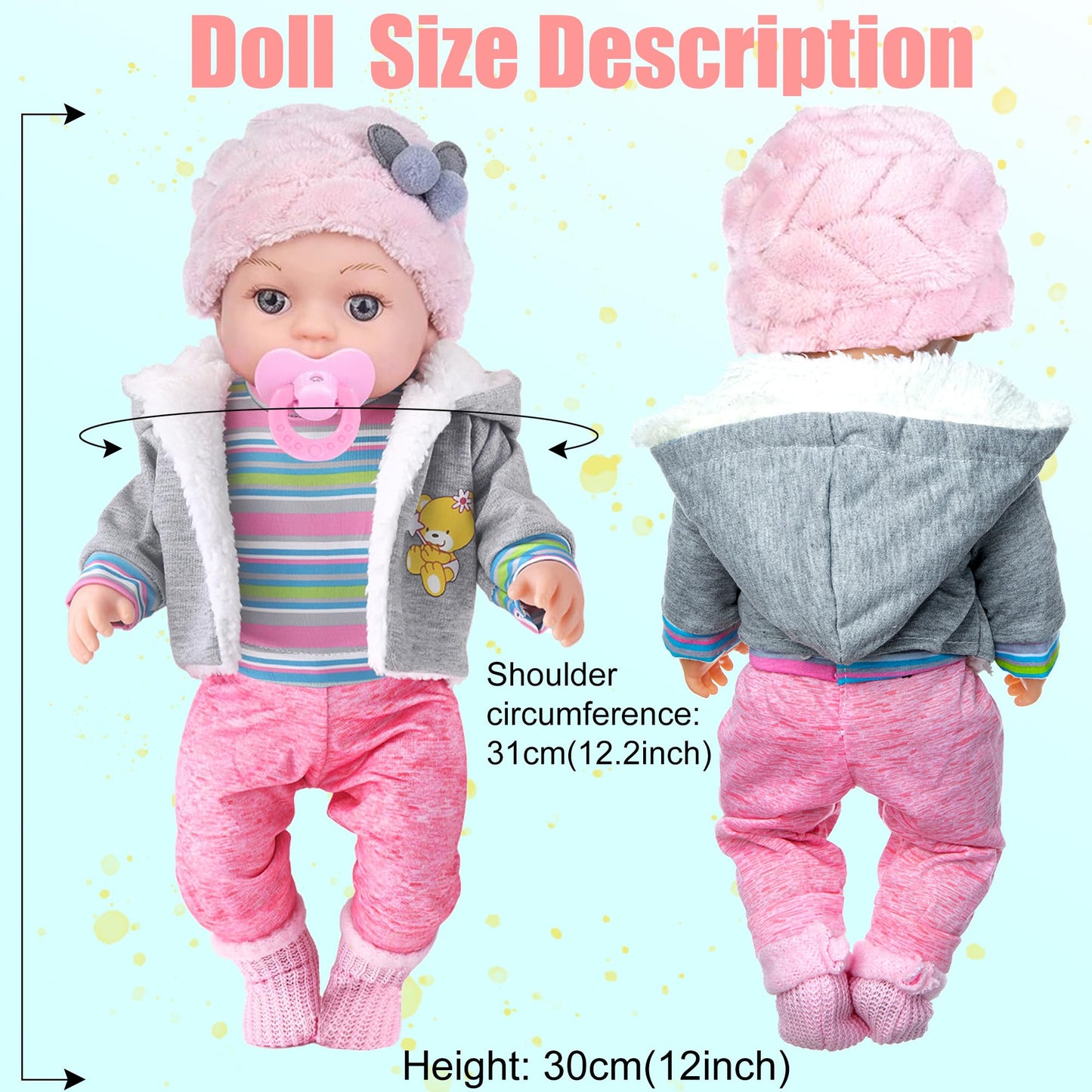 Dollbie 12-Inch Baby Doll – Lifelike Playset with 3-Piece Outfit, 4 Accessories & Feeding Set