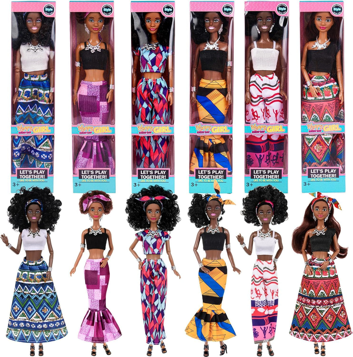 Dollbie 6-Pack African American Fashion Dolls - 11.5-Inch Posable with Mix & Match Outfits + Pink Gift Case
