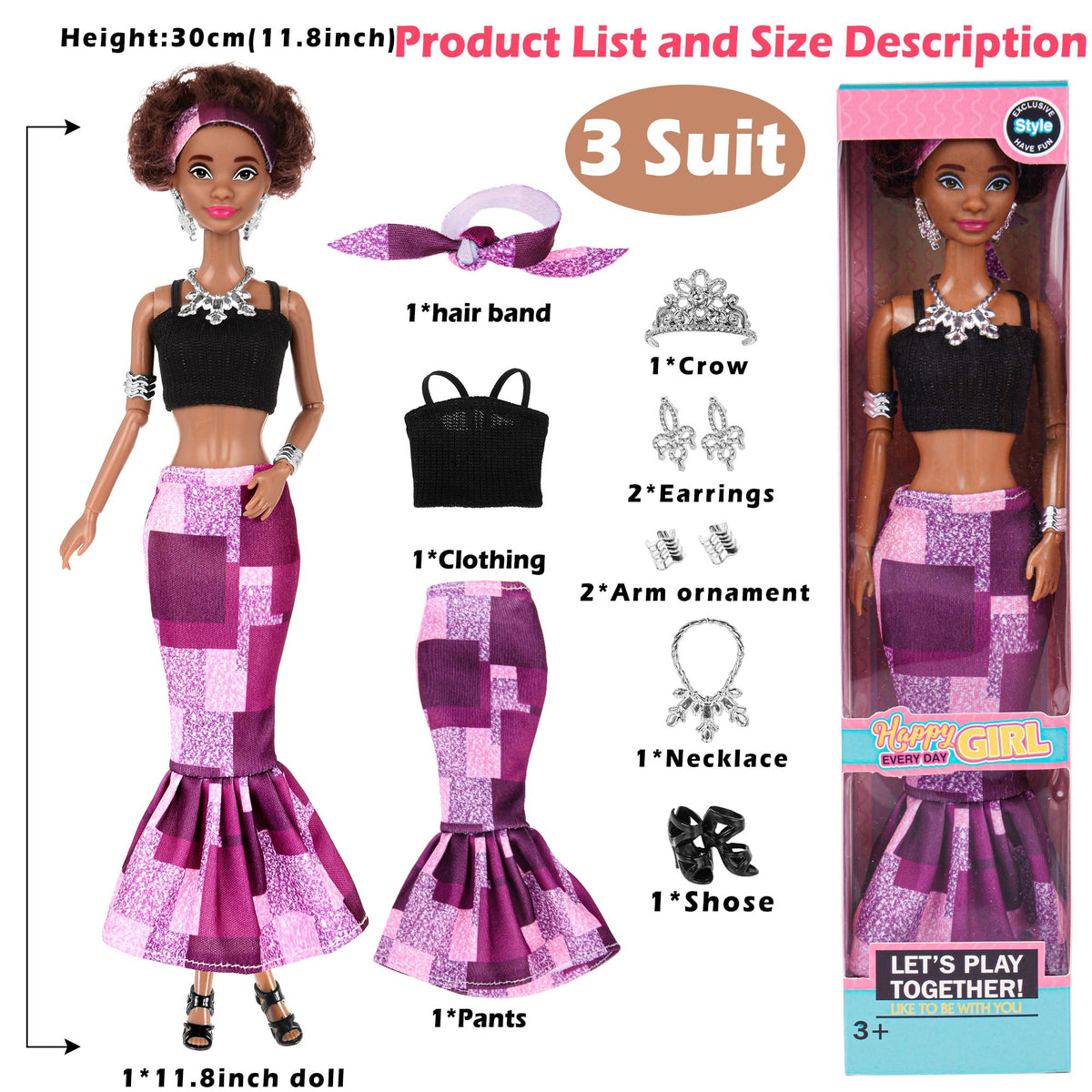 Dollbie 6-Pack African American Fashion Dolls - 11.5-Inch Posable with Mix & Match Outfits + Pink Gift Case