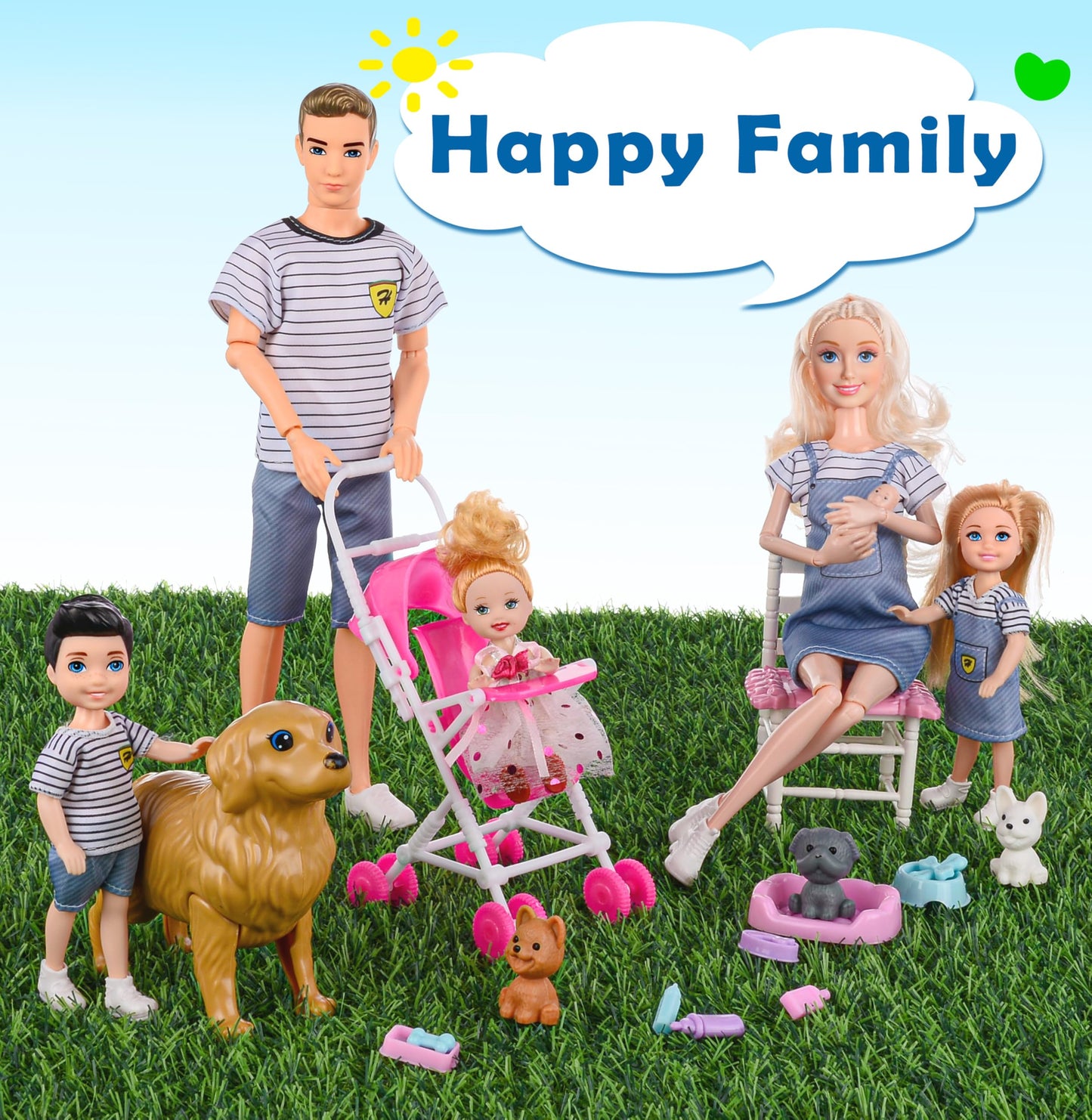 Dollbie Dolls Family Playset with Baby Stroller – 6-Person Imaginative Toy for Ages 3-12